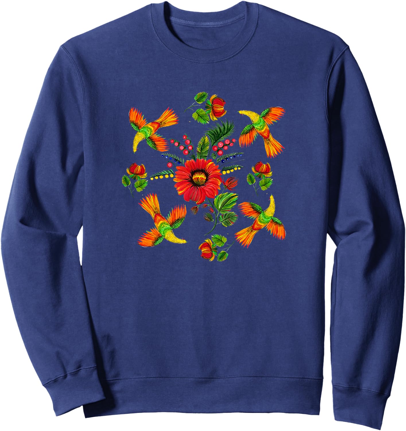 Slavic colorful birds, flowers Petrykivka painting ethnical Sweatshirt - Sweatshirt | Navy