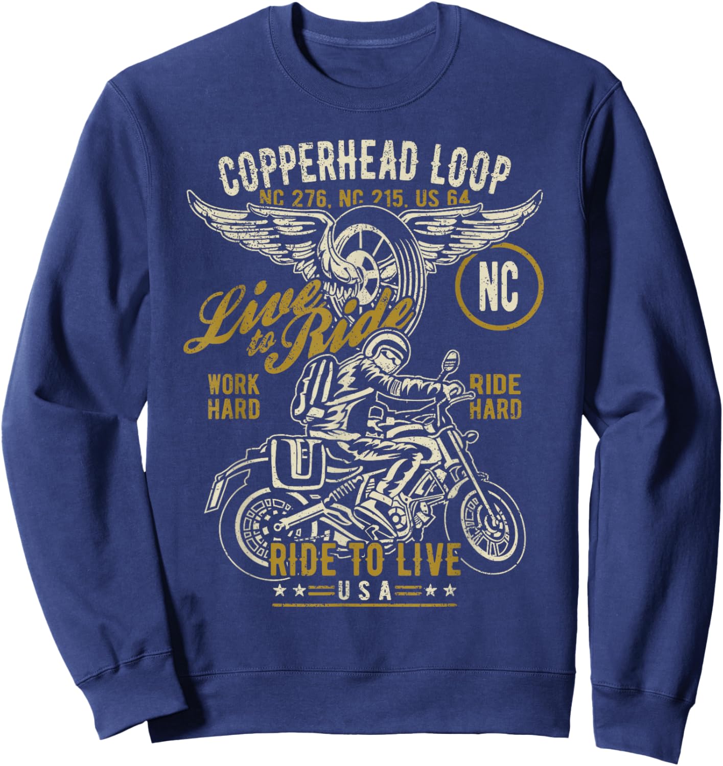 Copperhead Loop NC USA Motorcycle Distressed Design Sweatshirt - Sweatshirt | Navy