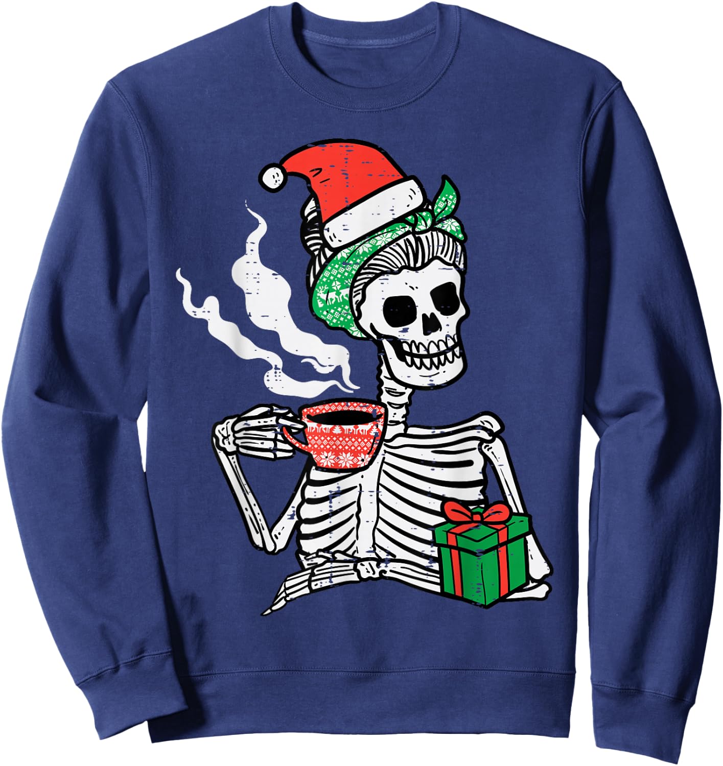 Woman Skeleton Santa Coffee Xmas Christmas Women Mom Sweatshirt - Sweatshirt | Navy