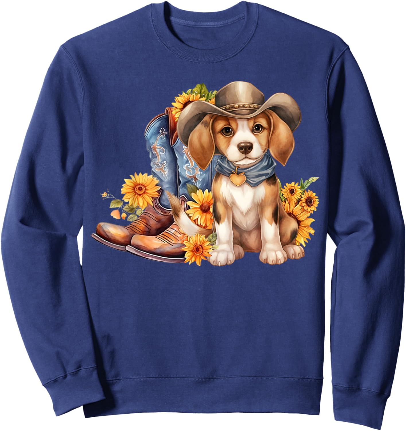 Beagle Dog Cowgirl boots Cowboy hat Sunflower Summer Sweatshirt - Sweatshirt | Navy