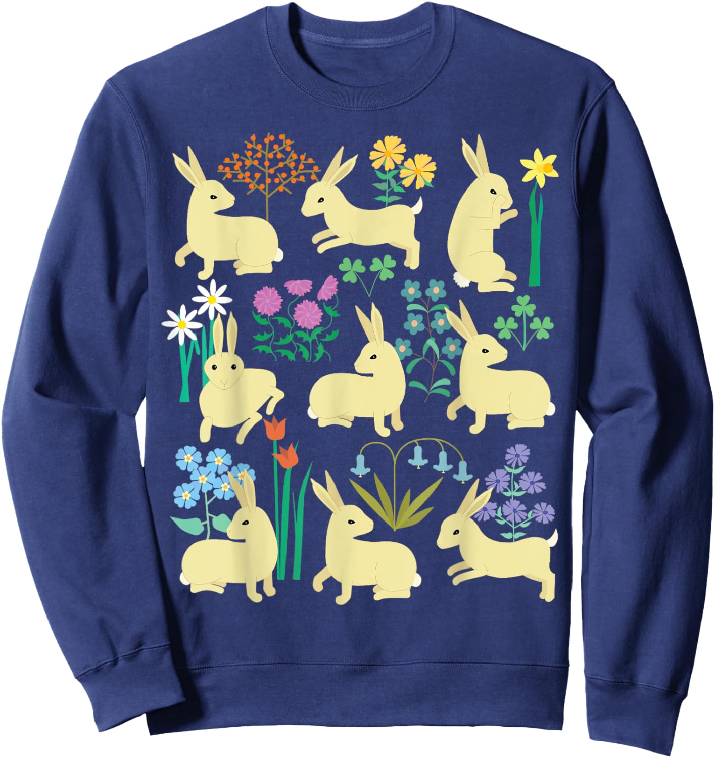 Playful little rabbits (bunnies) among colorful flowers Sweatshirt - Sweatshirt | Navy