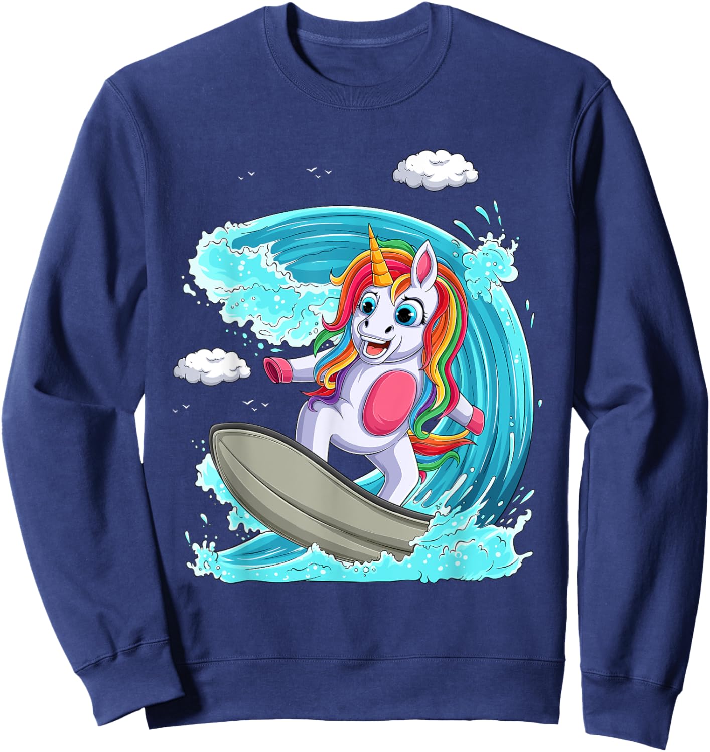 Cute Unicorn Girls Women Unicorn Surfing on Rainbow Wave Sweatshirt - Sweatshirt | Navy