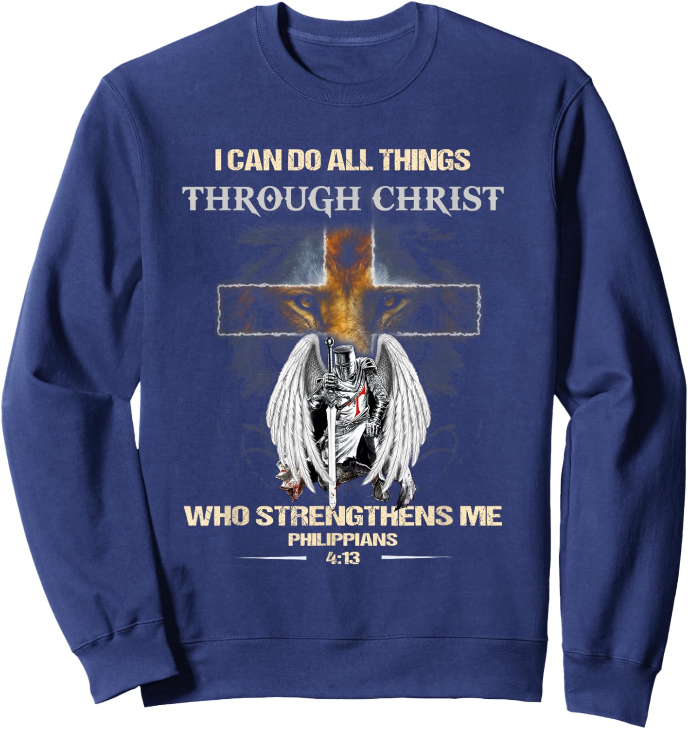Philippians 4:13 Christian Verse Gift Lion Cross Men Knight Sweatshirt - Sweatshirt | Navy