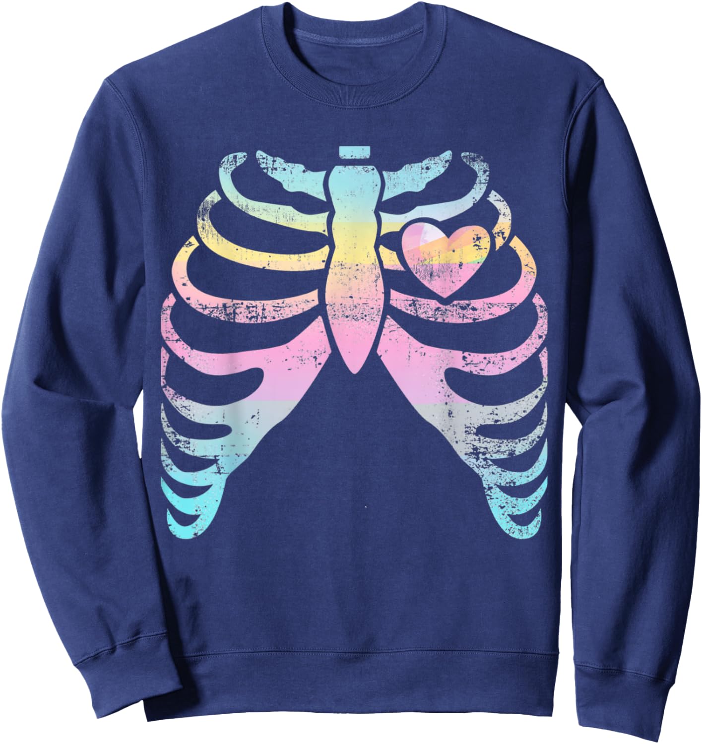 Menhera Kei Kawaii Pastel Goth Aesthetic Rib Cage & Heart Sweatshirt - Sweatshirt | Navy