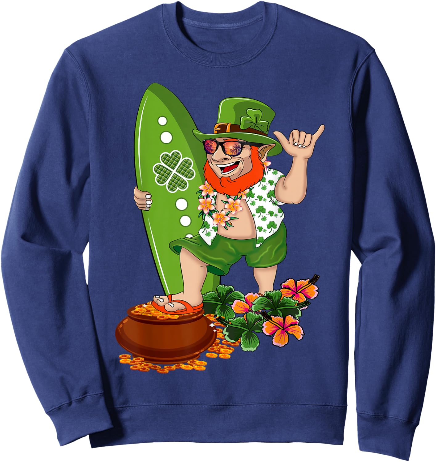 St Patricks Day Green Hawaiian Irish Leprechaun Surfer Shaka Sweatshirt - Sweatshirt | Navy