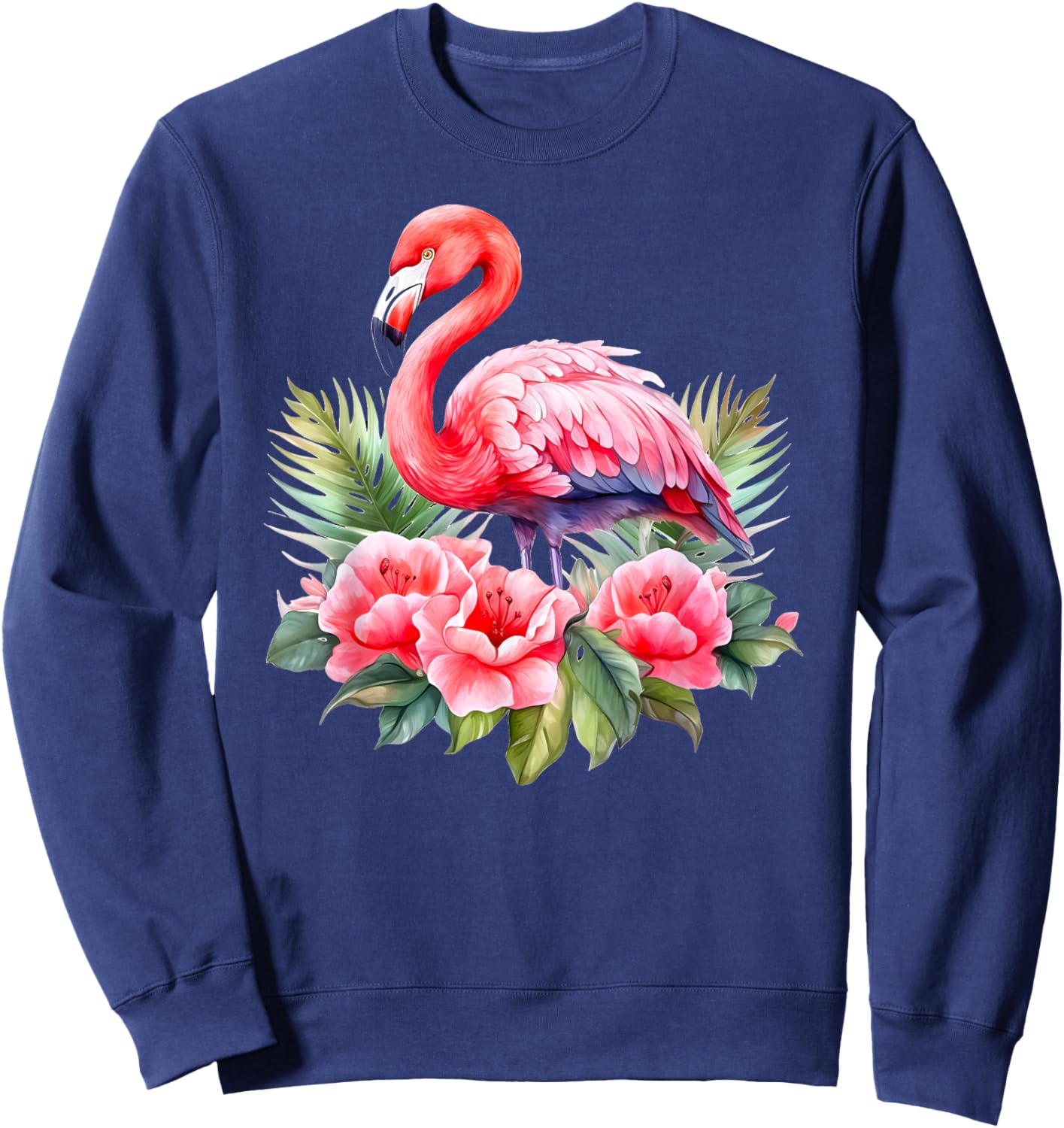 Flamingo Flowers Tropical Watercolor Bird Top Sweatshirt - Sweatshirt | Navy