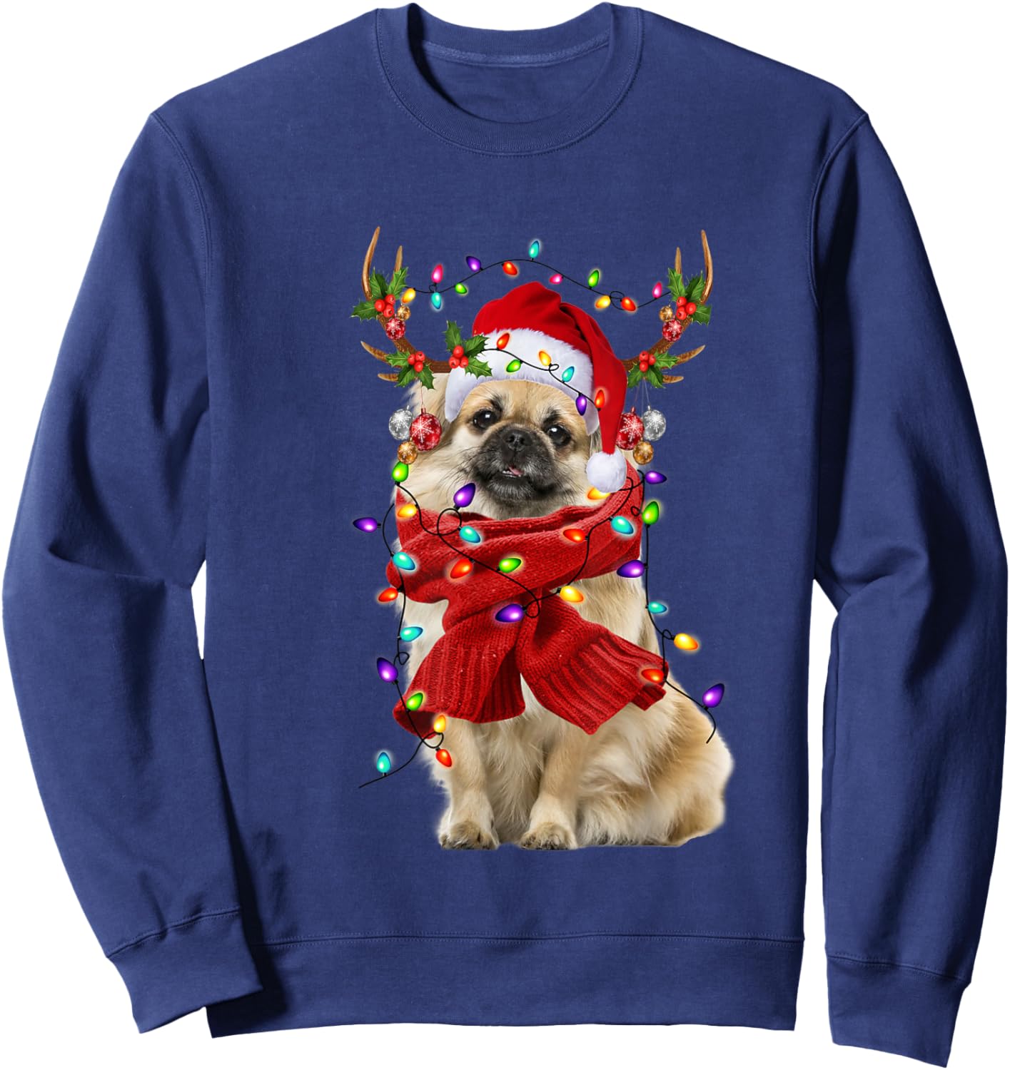Santa Tibetan Spaniel Dog Reindeer Christmas Lights Sweatshirt - Sweatshirt | Navy
