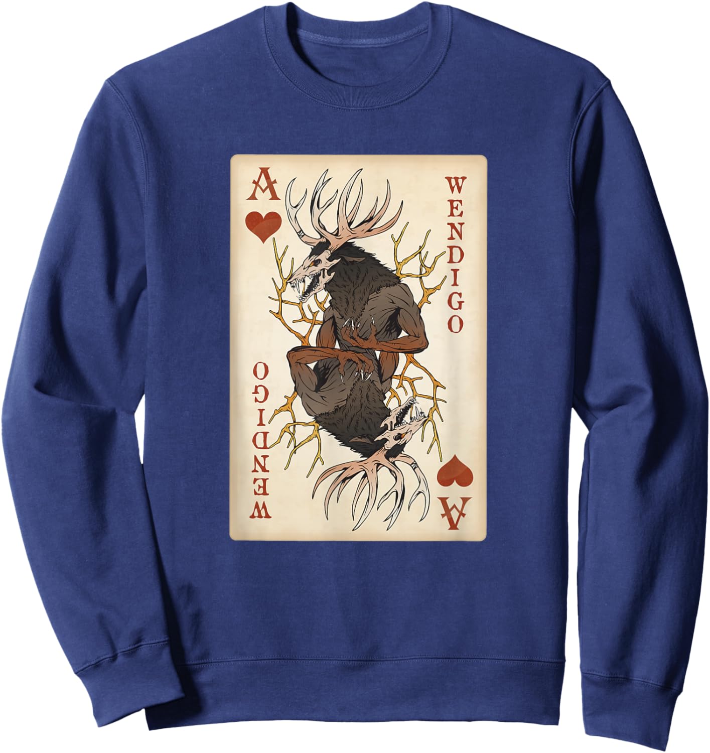 National Introvert Society Wendigo Original Cryptid Playing Card Tarot Ace of Hearts Sweatshirt - Sweatshirt | Navy