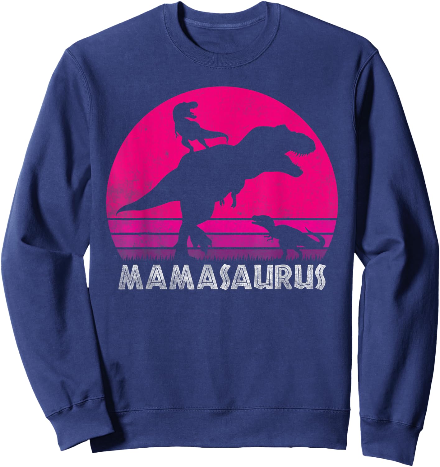 Vintage Retro 2 Kids Mamasaurus Sunset Funny Gift Mother Sweatshirt - Sweatshirt | Navy
