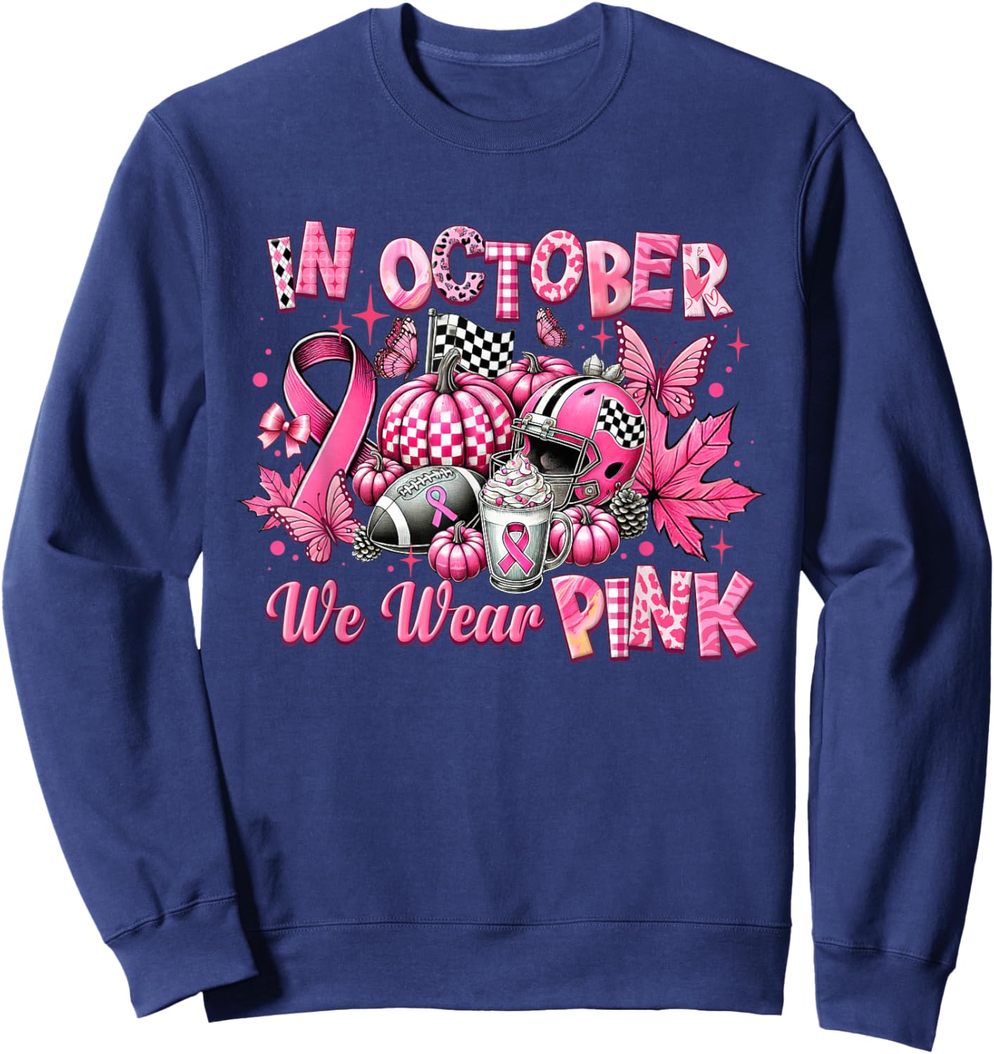 In October We Wear Pink Breast Cancer Pumpkin Football Sweatshirt - Sweatshirt | Navy