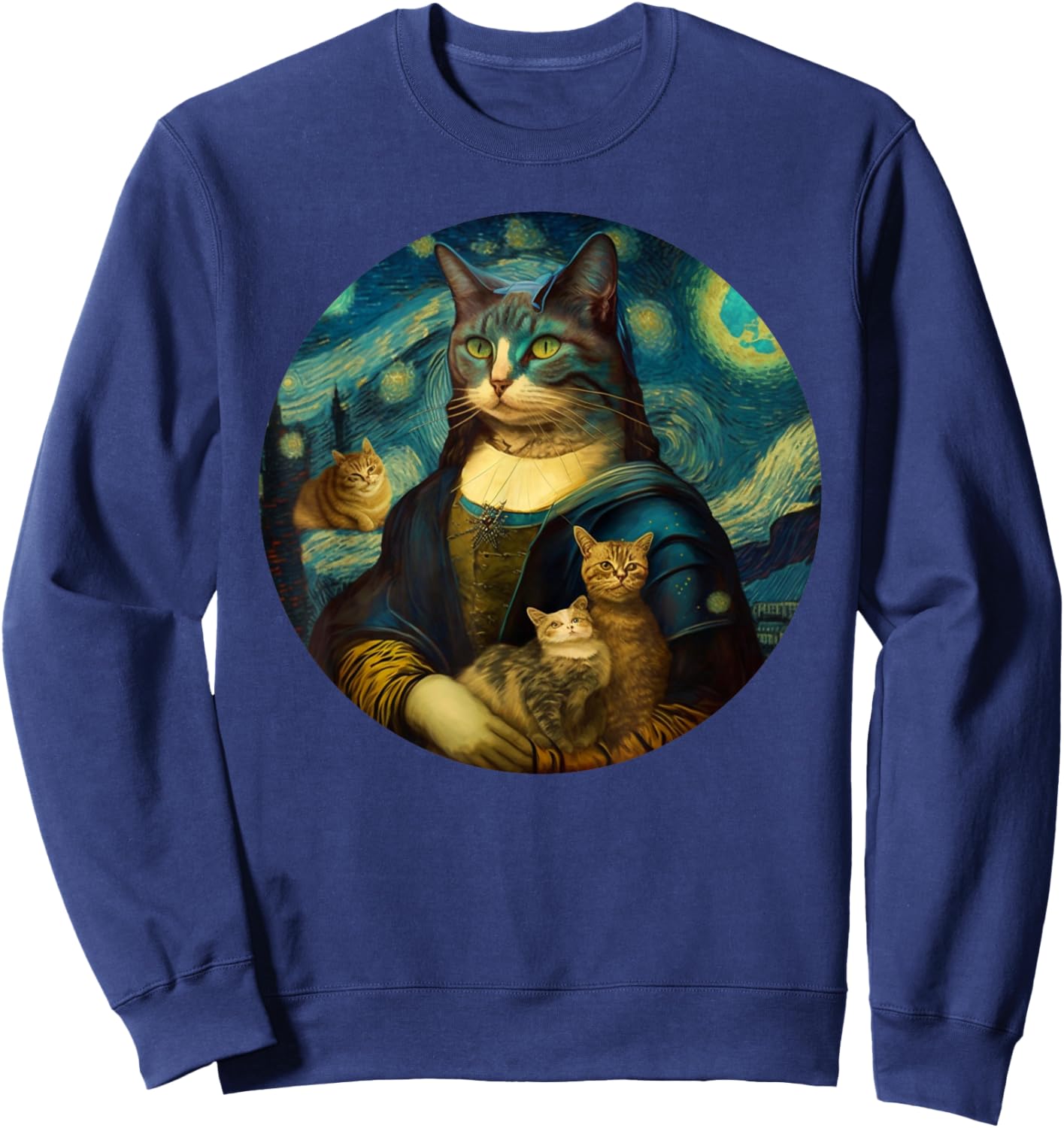 Mona Lisa With Cats Starry Night Van Gogh Funny Art Painting Sweatshirt - Sweatshirt | Navy