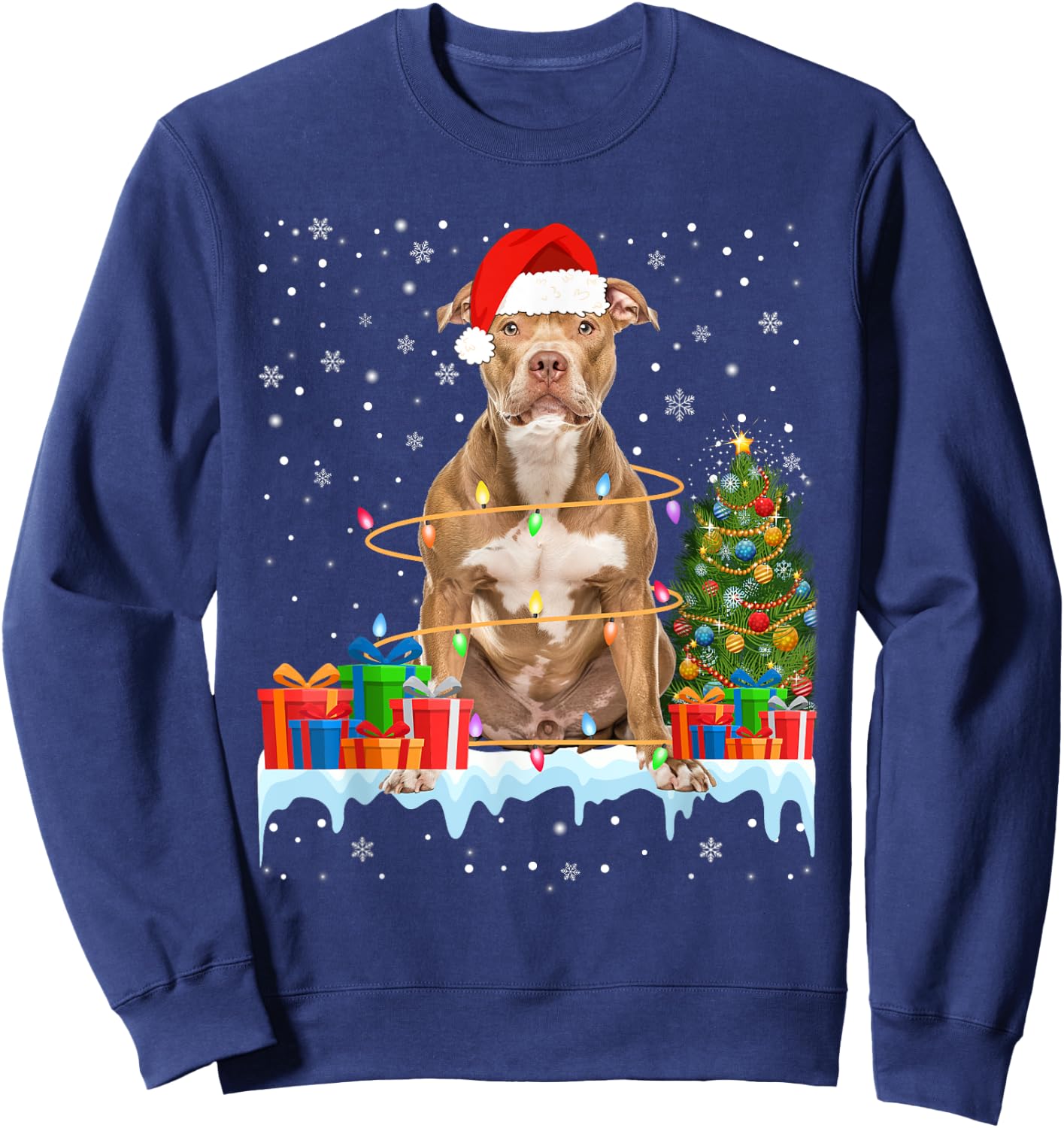 Funny Santa Pitbull Dog Christmas Lights Xmas Pajamas Men Women Kids Sweatshirt - Sweatshirt | Navy