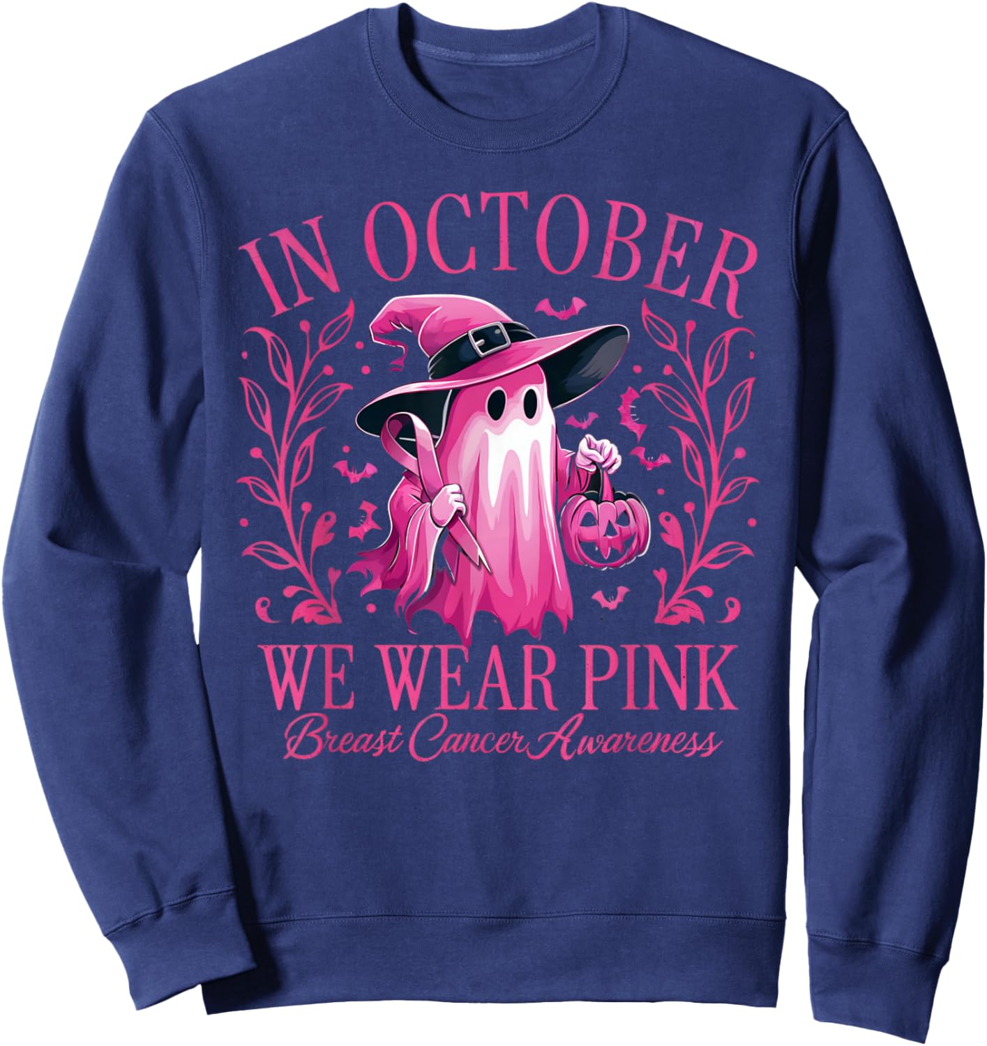 In October We Wear Pink Breast Cancer Awareness Halloween Sweatshirt - Sweatshirt | Navy