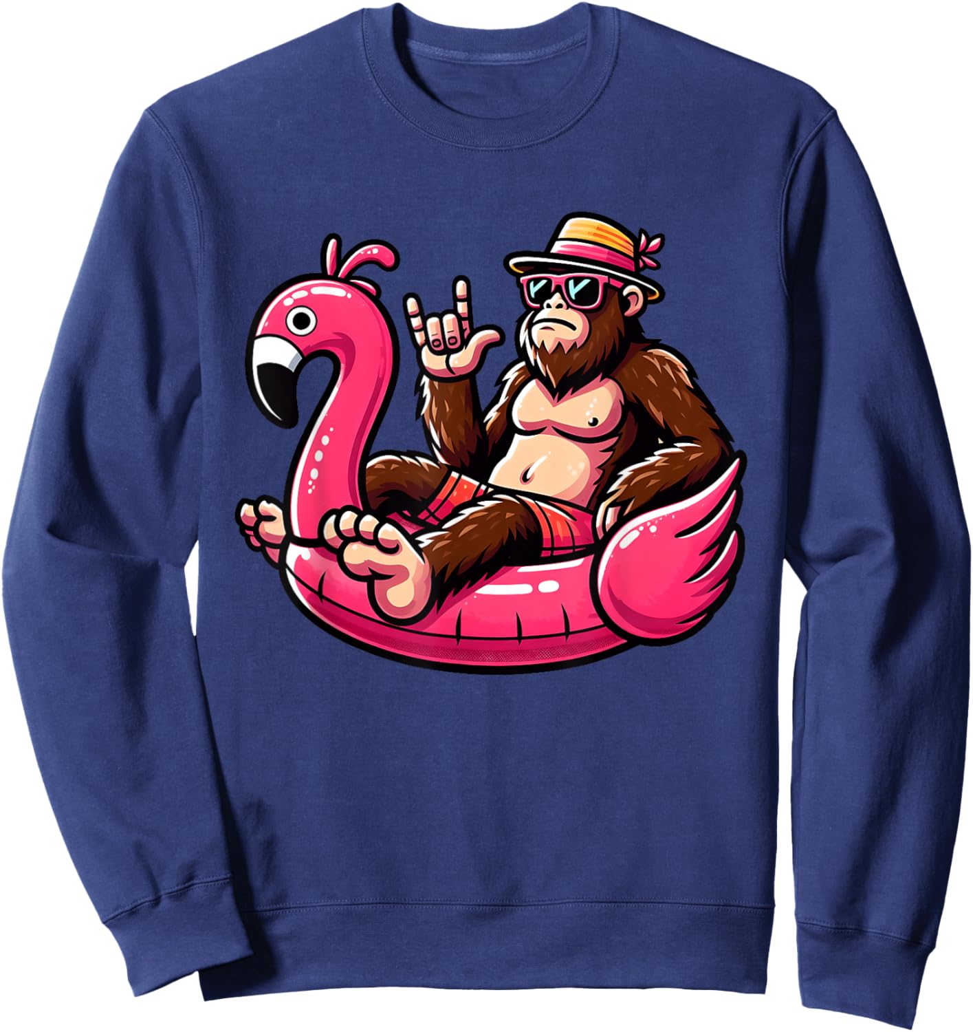 Bigfoot Sasquatch on Flamingo Pool Swimming Hawaii Beaches Men Women Kids Sweatshirt - Sweatshirt | Navy