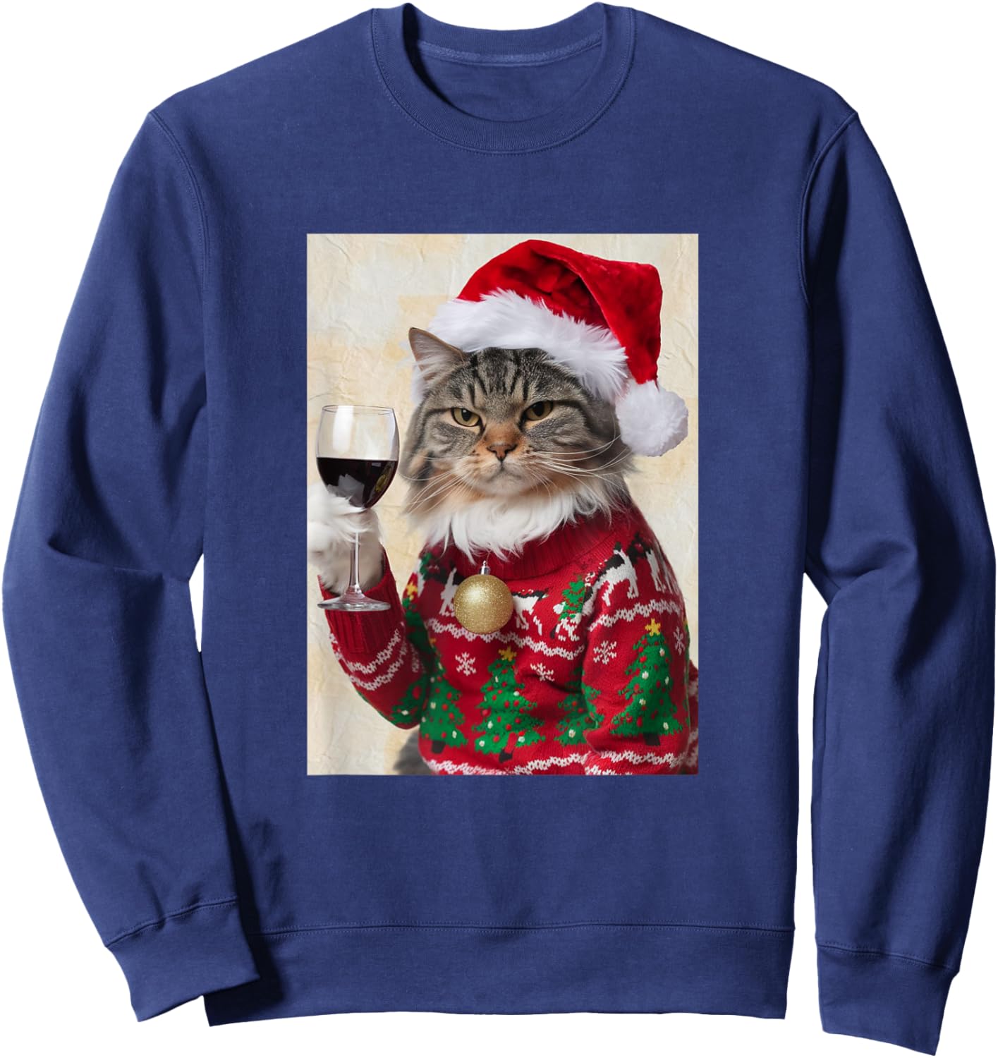 Cat Drinking Wine Cute Cat Holding Red Wine Lovers Sweatshirt - Sweatshirt | Navy