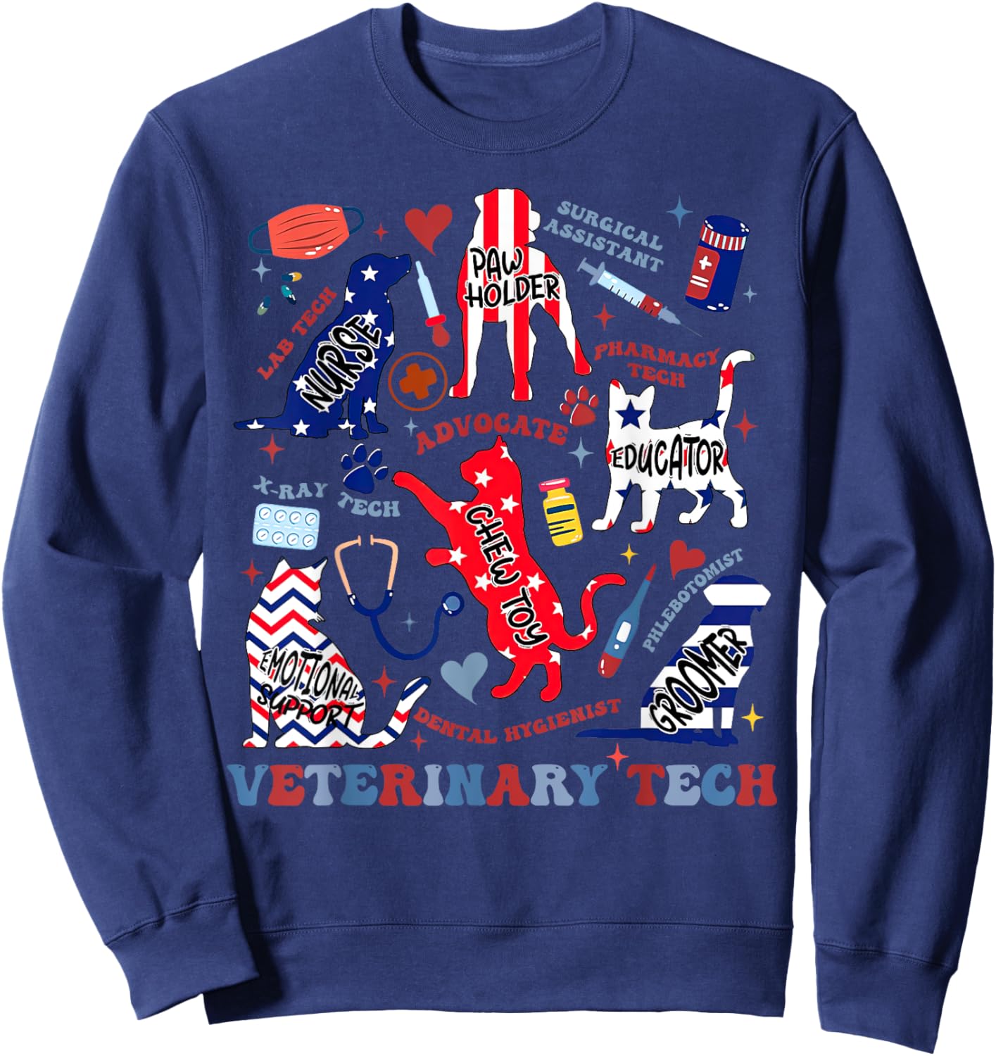 Vet Tech July 4th Veterinary Medicine Tech American Flag Vet Sweatshirt - Sweatshirt | Navy