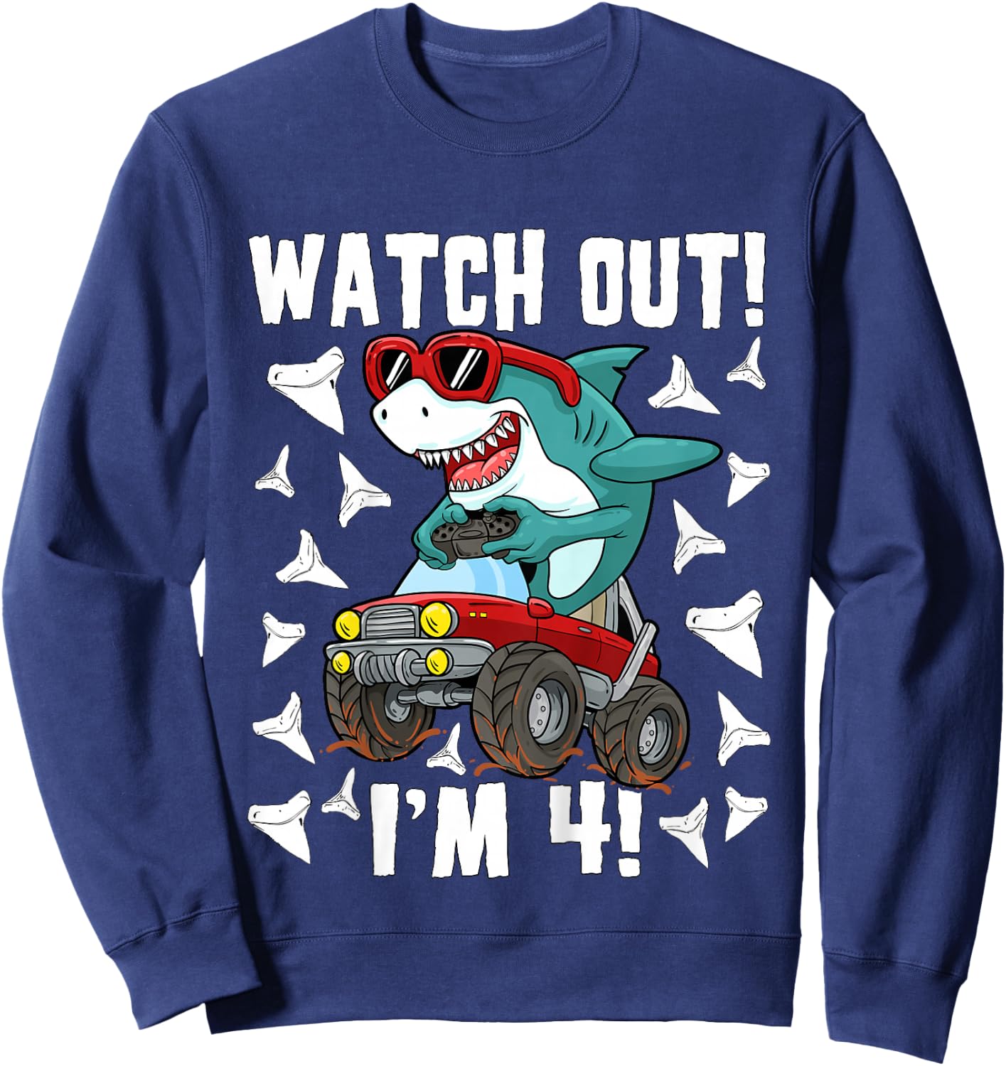 4 Years Old 4th Birthday Shark Boy Girl Monster Truck Gamer Sweatshirt - Sweatshirt | Navy