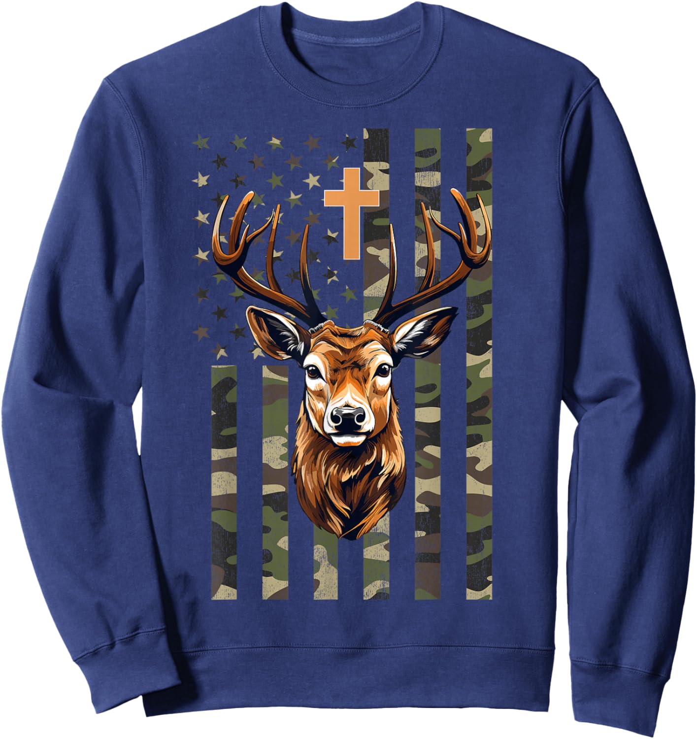 Christian Deer Hunting Camo American Flag, Christian Hunting Sweatshirt - Sweatshirt | Navy
