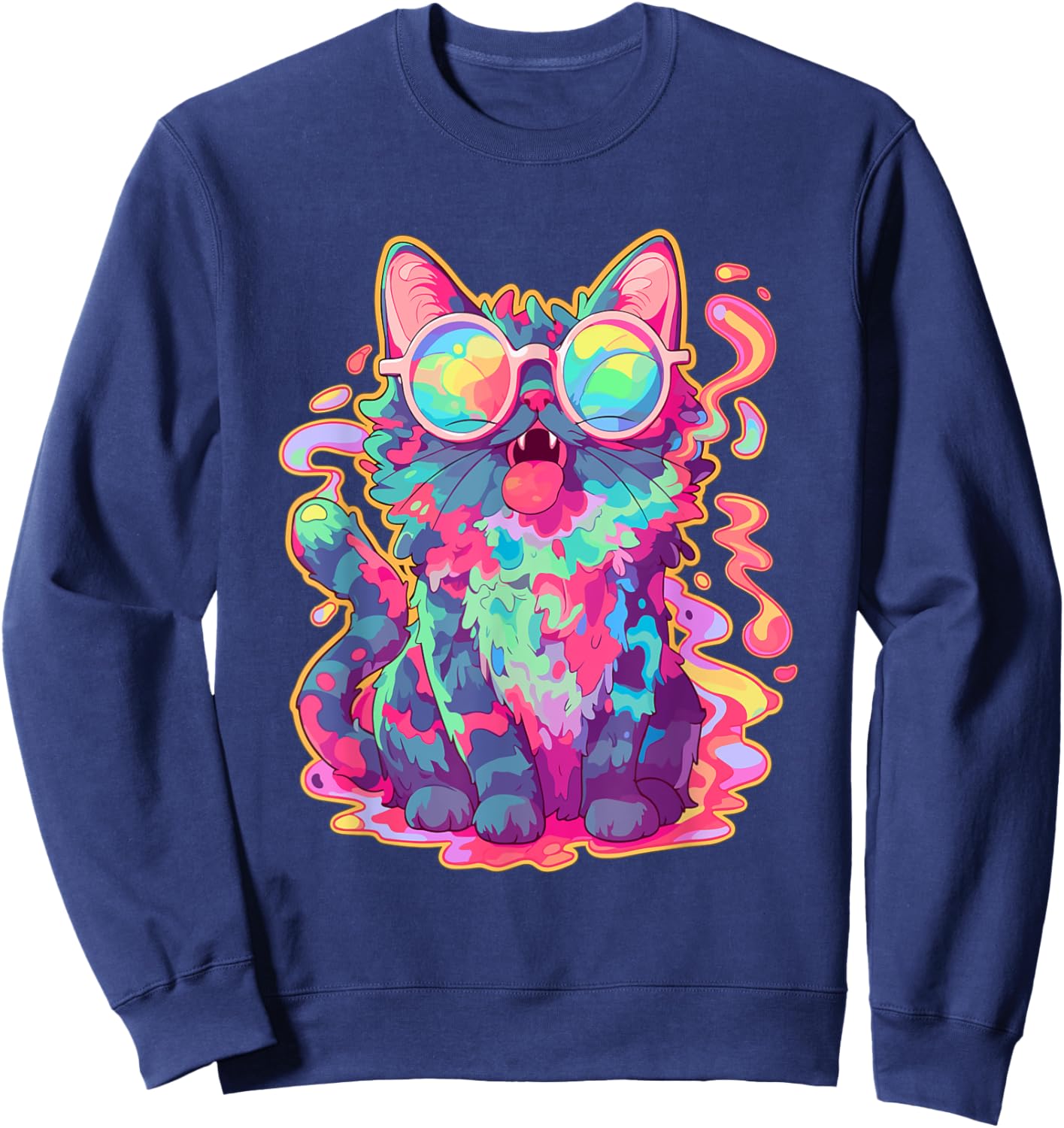 Trippy Crazy Psychedelic Cat Art EDM Rave Women Sweatshirt - Sweatshirt | Navy