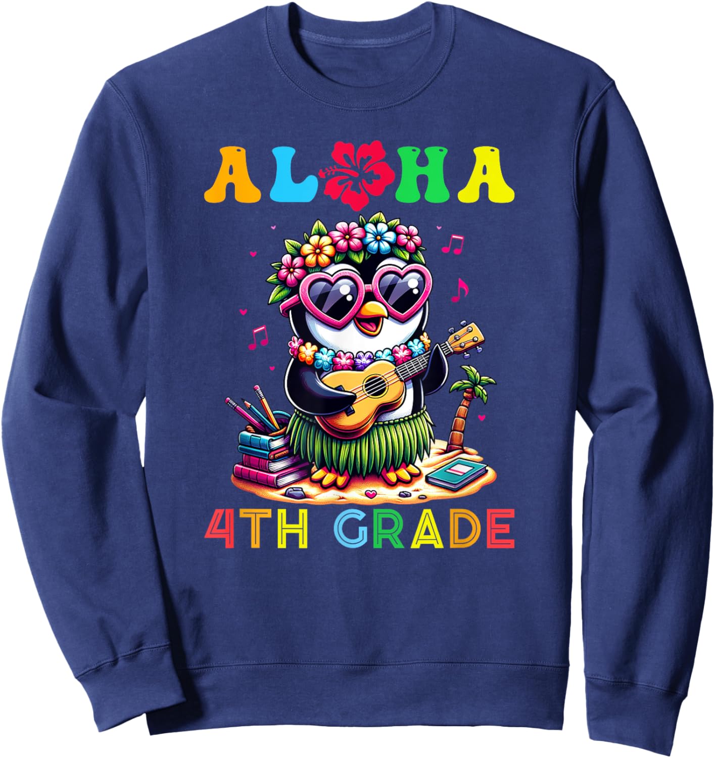 Aloha Fourth Grade Penguin Hawaii Back to School Kids Girl Sweatshirt - Sweatshirt | Navy