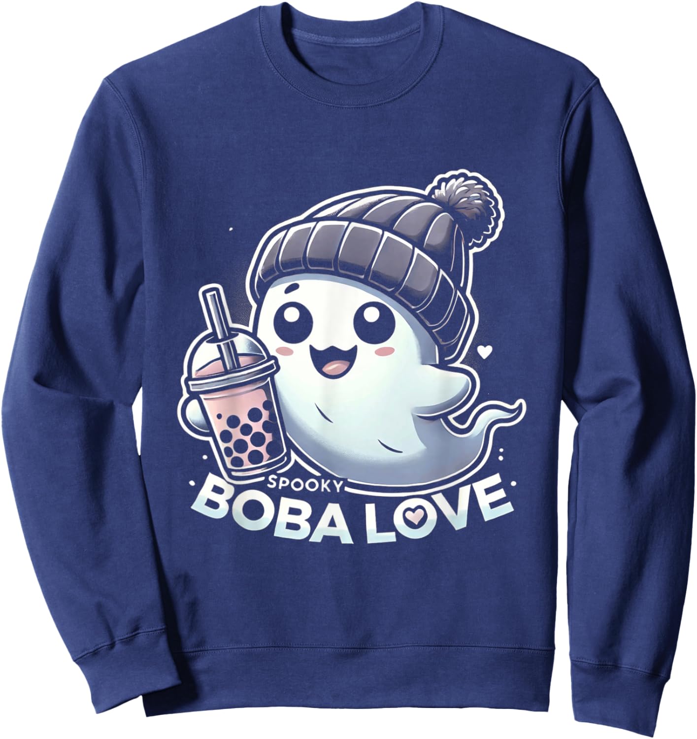 Spooky Cute Ghost and Boba Tea Love Halloween Kids Sweatshirt - Sweatshirt | Navy