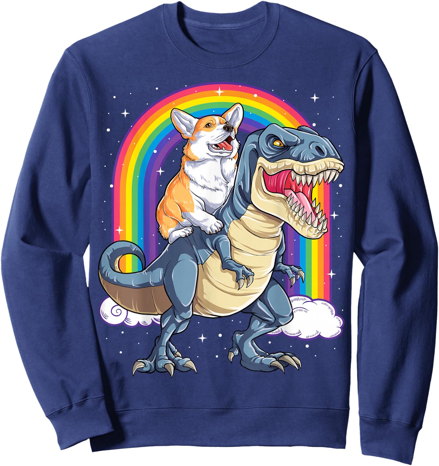 Corgi Riding Dinosaur T-rex Boys Girls Space Galaxy Rainbow Sweatshirt - Sweatshirt | Navy