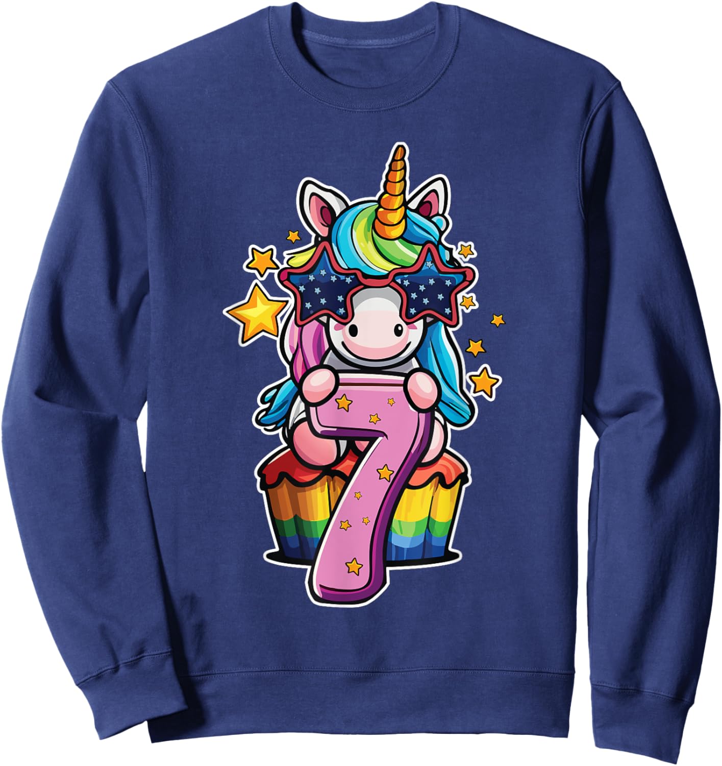 Unicorn Happy 7th Birthday Age 7 Rainbow Cupcake Cute Party Sweatshirt - Sweatshirt | Navy