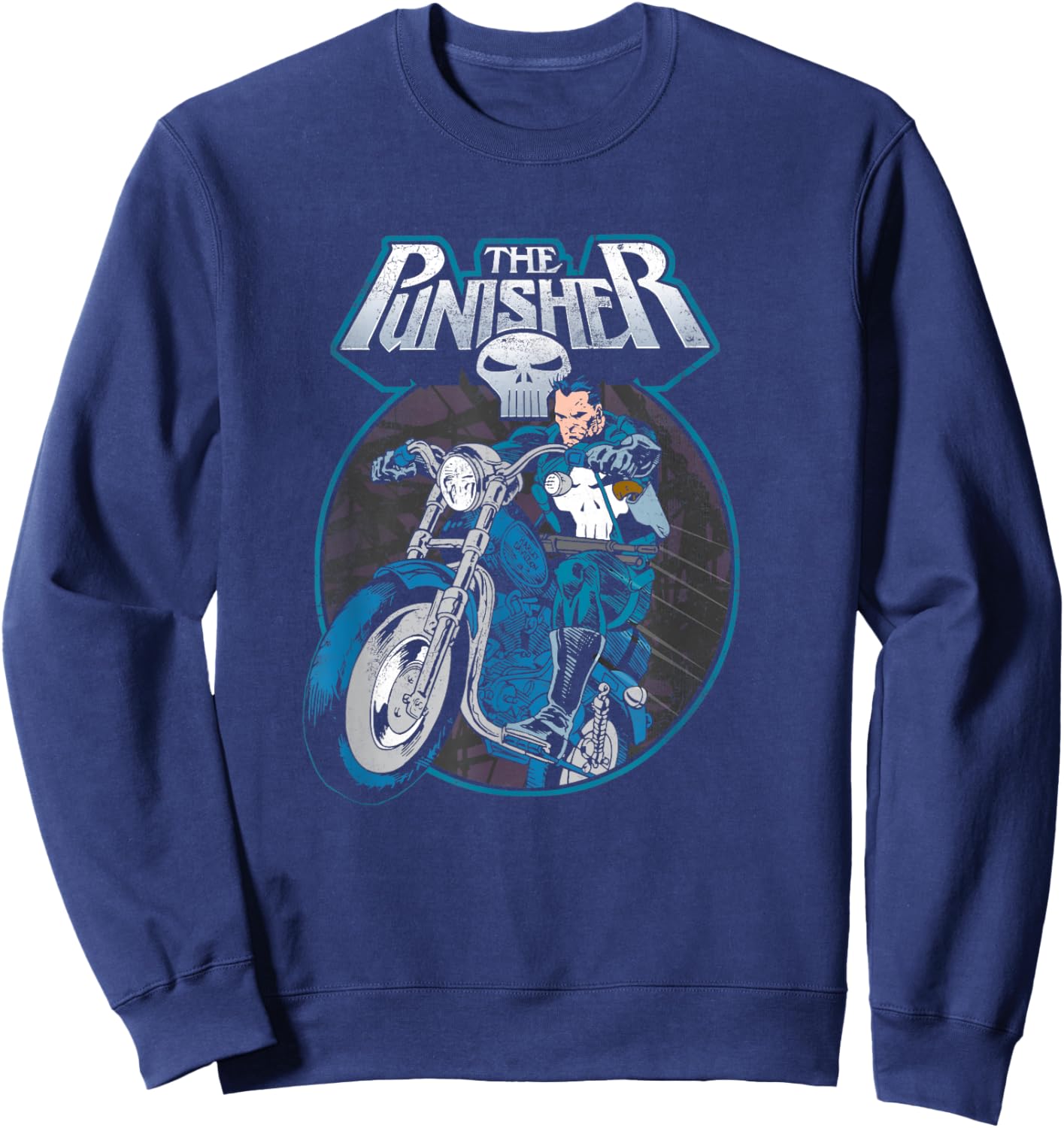 Marvel Punisher Frank Riding Motorcycle Vintage Portrait Sweatshirt - Sweatshirt | Navy