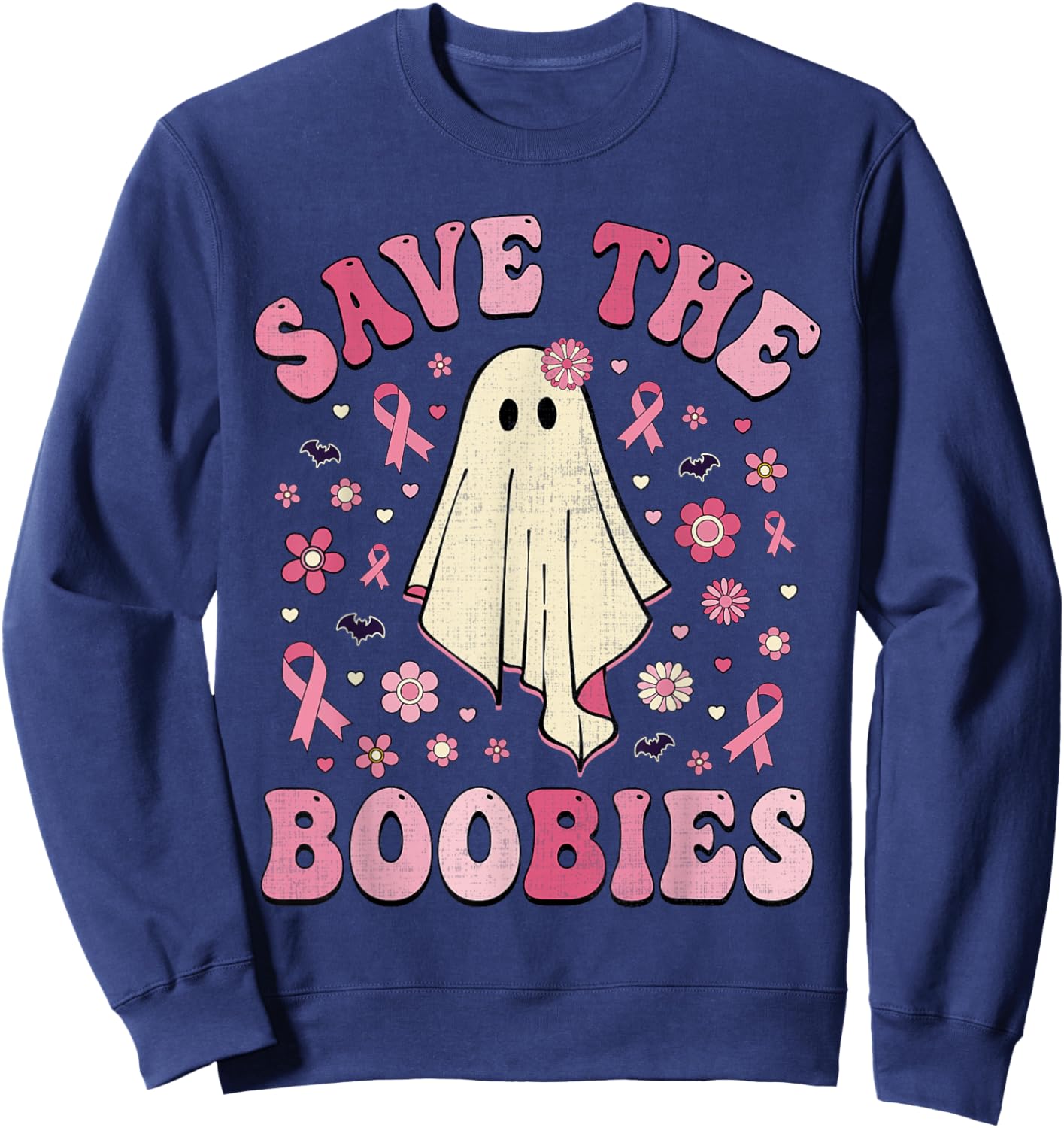 Save the Boobies Pink Halloween Ghost Breast Cancer Groovy Sweatshirt - Sweatshirt | Navy