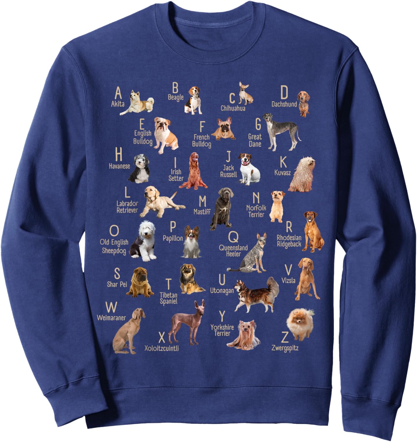 A-Z Dog Breeds Cute ABC Learning Chart Teachers Dog Rescue Men Women Kids Sweatshirt - Sweatshirt | Navy