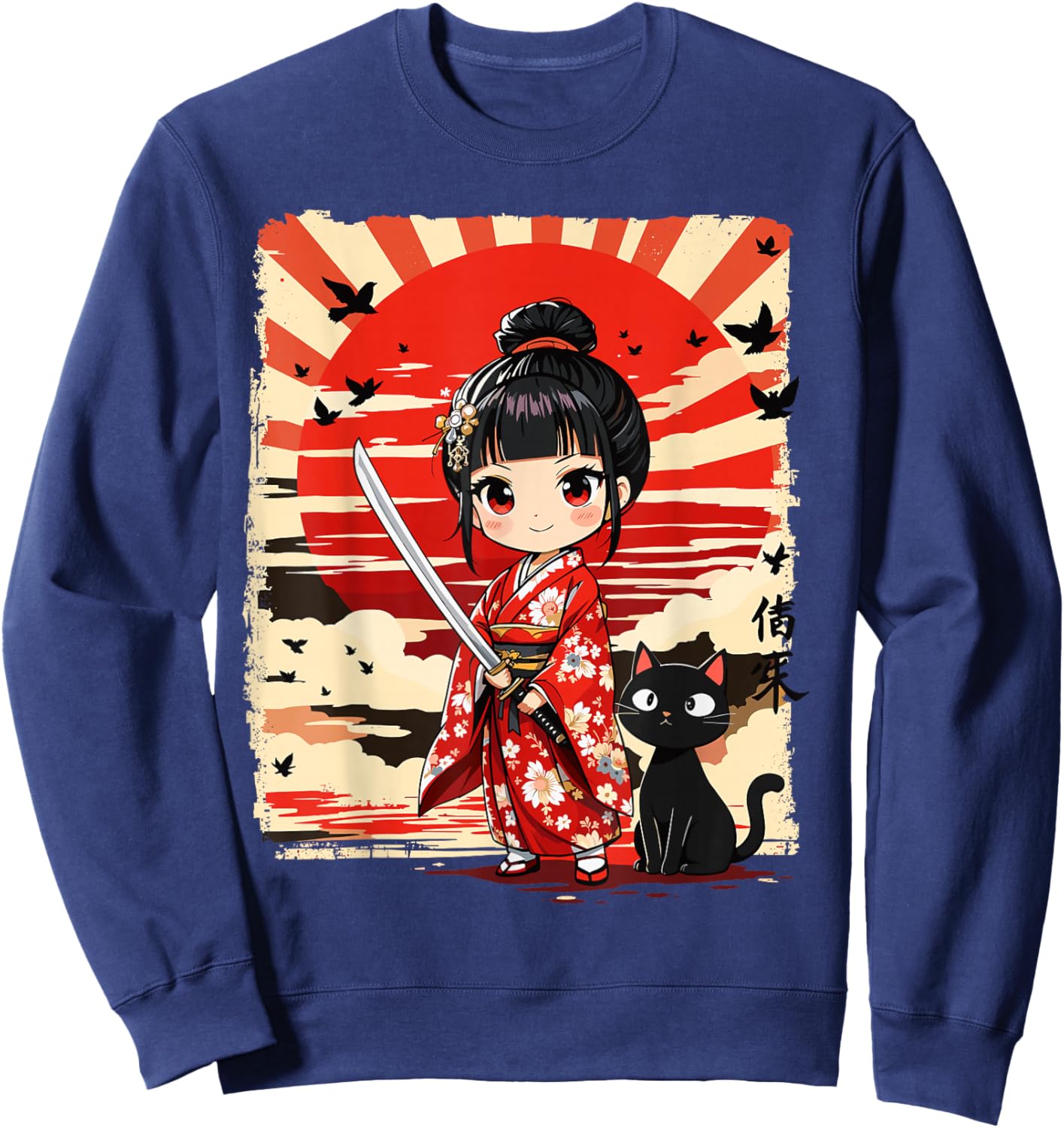 Cute Kawaii Samurai Girl and Cat Japanese Anime Kids Girls Sweatshirt - Sweatshirt | Navy