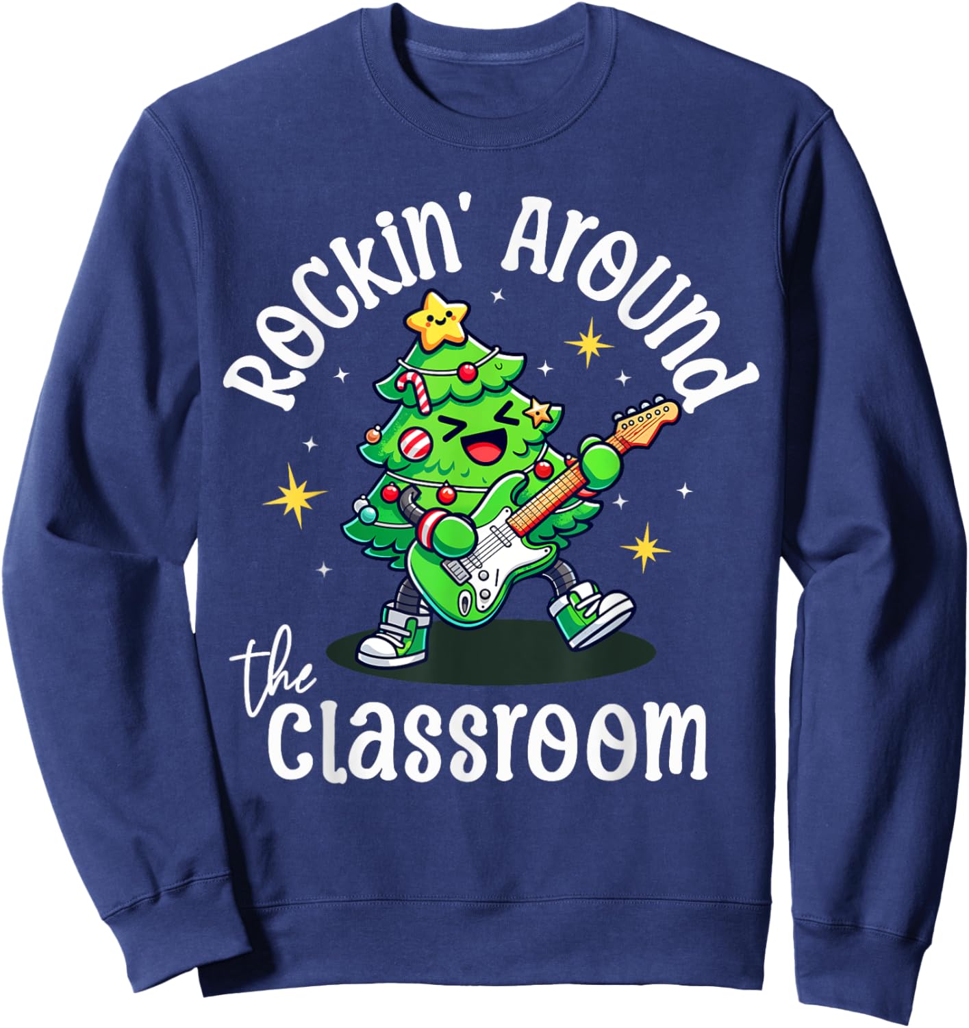 Teacher Christmas Rocking Around The Classroom Retro Holiday Sweatshirt - Sweatshirt | Navy