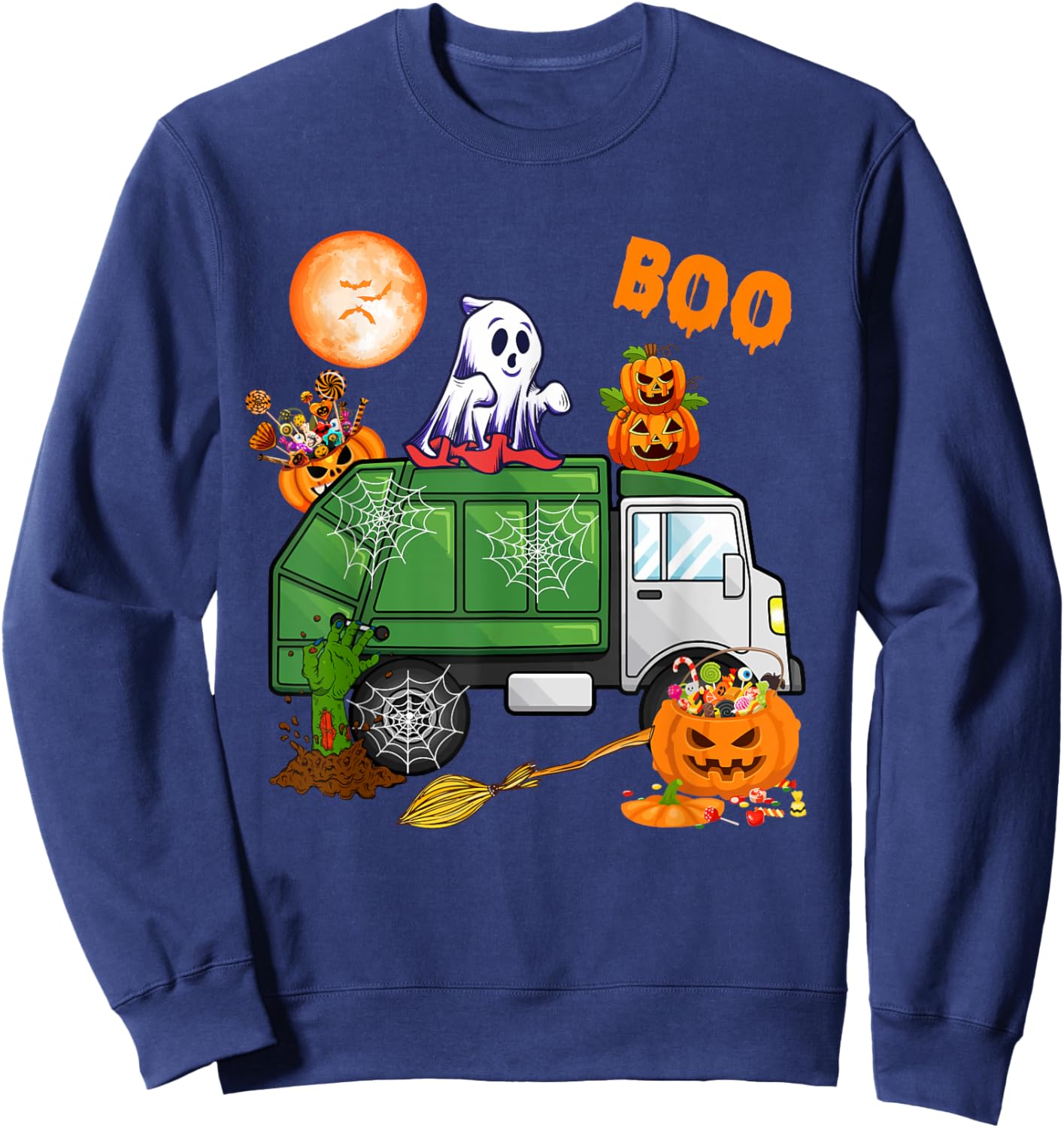 Ghost Driving Garbage Truck With Candy Bag Carved Pumpkin Sweatshirt - Sweatshirt | Navy