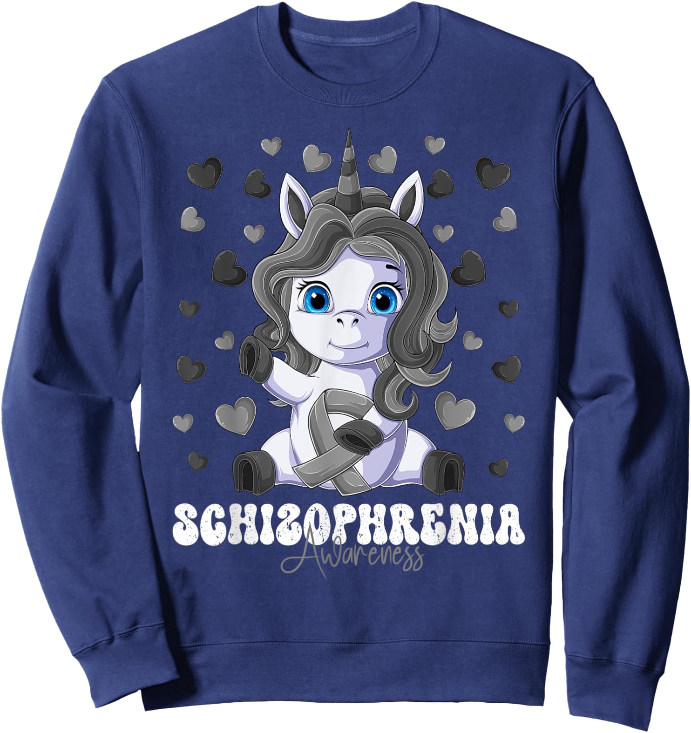 Schizophrenia Awareness Month Silver Ribbon Unicorn Sweatshirt - Sweatshirt | Navy