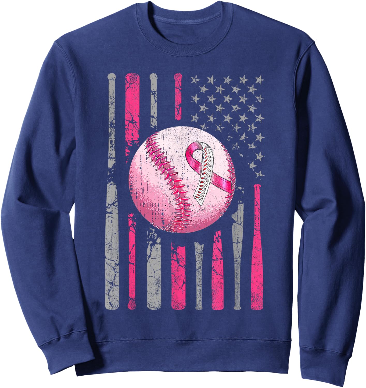Breast Cancer Baseball Pink Ribboon American Flag Men Women Sweatshirt - Sweatshirt | Navy