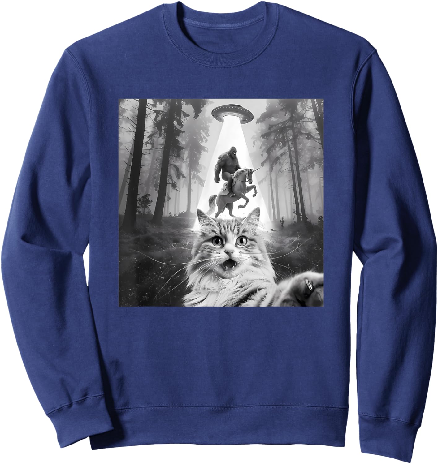 Funny UFO Cat Selfie with Bigfoot Forest Unicorn Sasquatch Sweatshirt - Sweatshirt | Navy