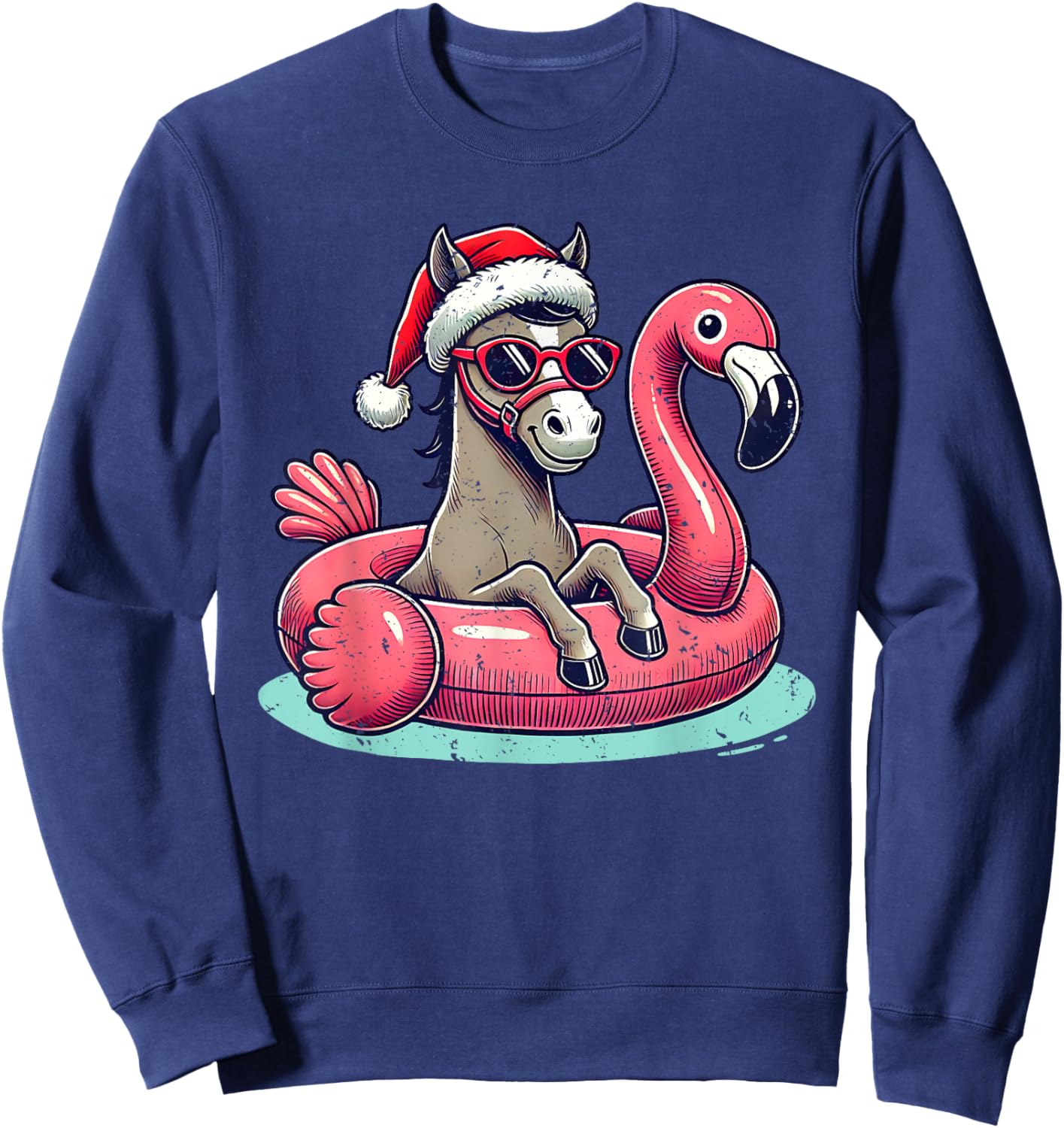 Funny Christmas in July Horse Mom Santa Flamingo Floatie Sweatshirt - Sweatshirt | Navy