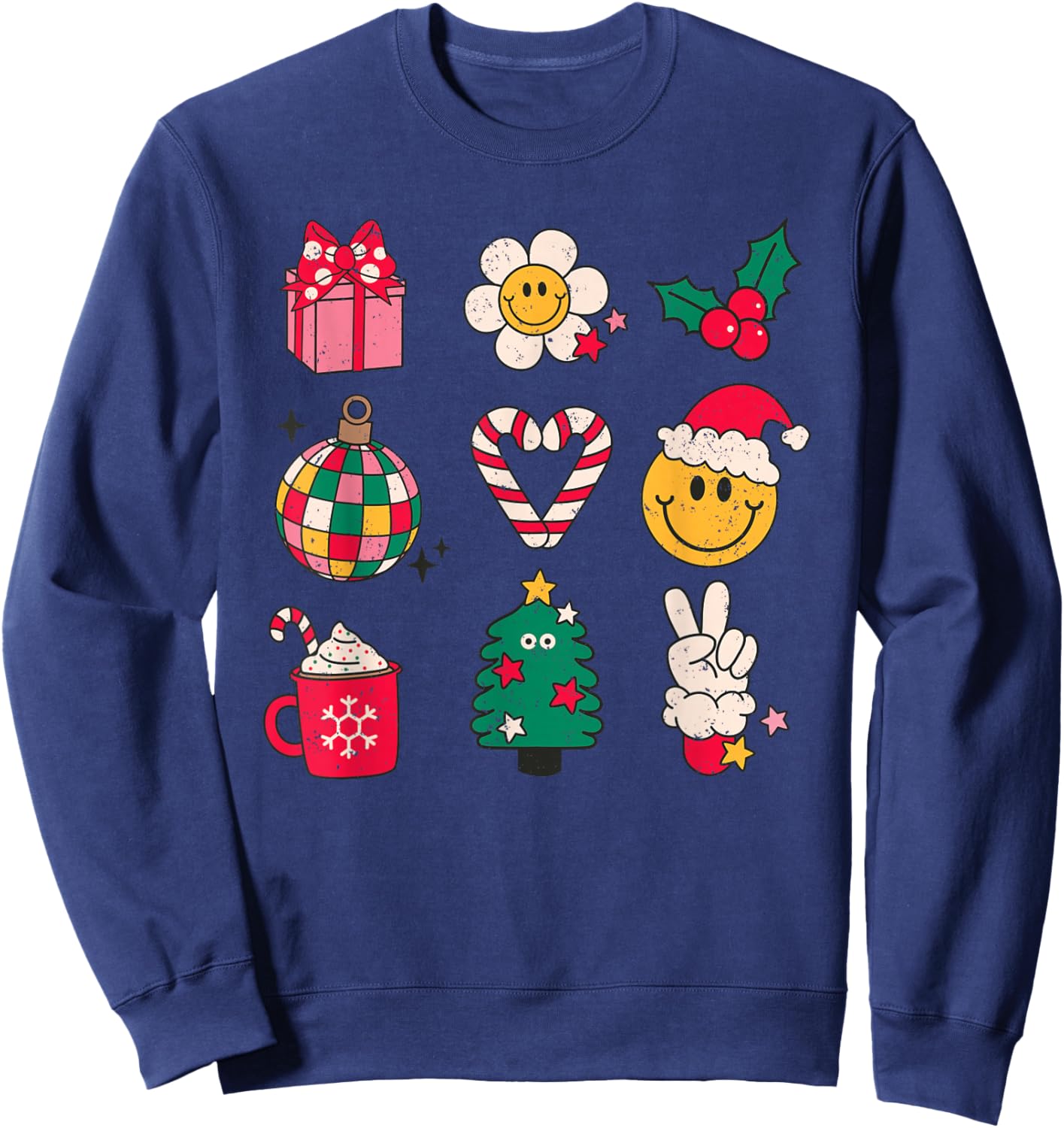70s Cute Santa Yellow Smile Face Christmas Shirt Women Girls Sweatshirt - Sweatshirt | Navy