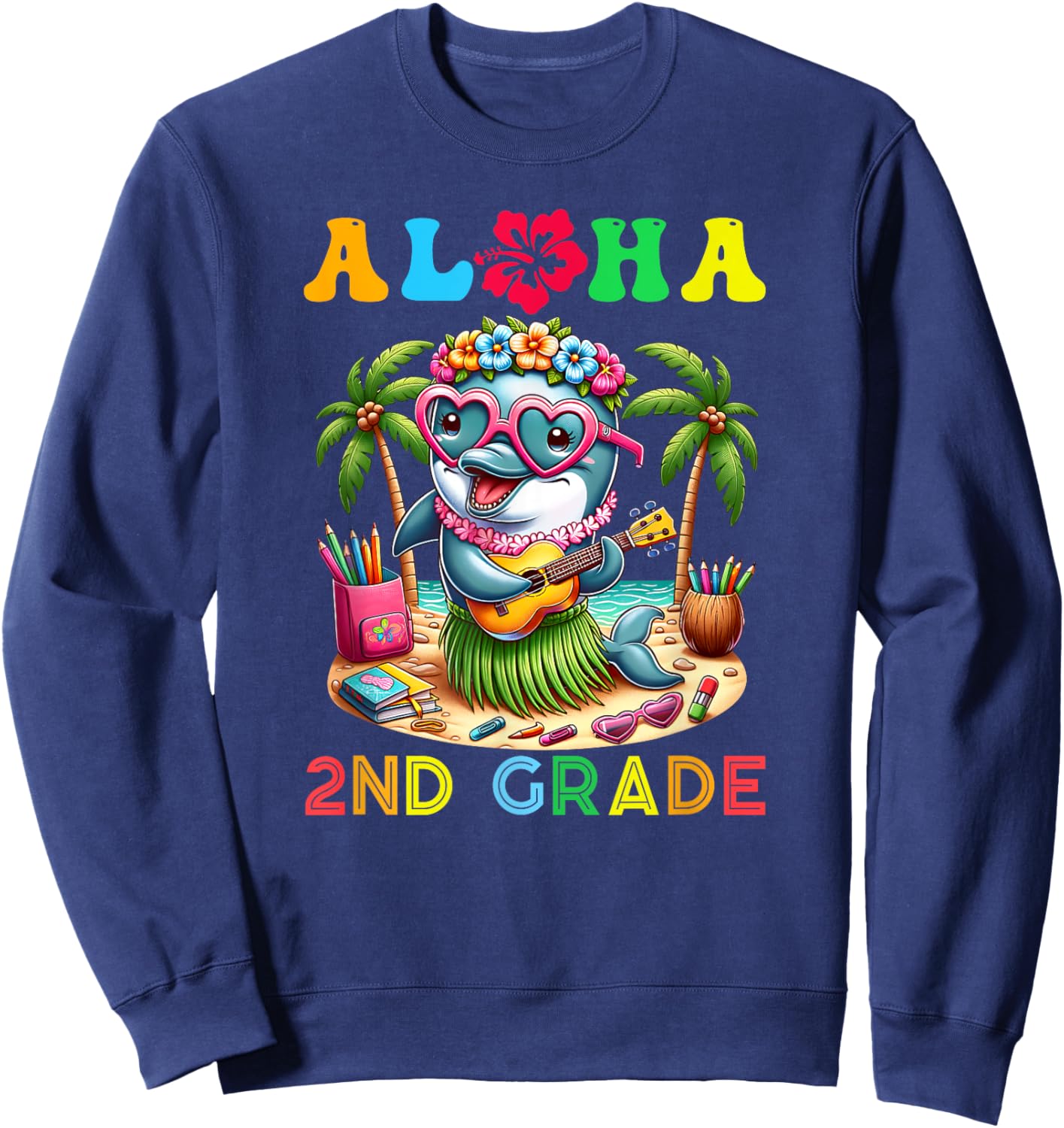 Aloha Second Grade Dolphin Hawaii Back to School Kids Girl Sweatshirt - Sweatshirt | Navy