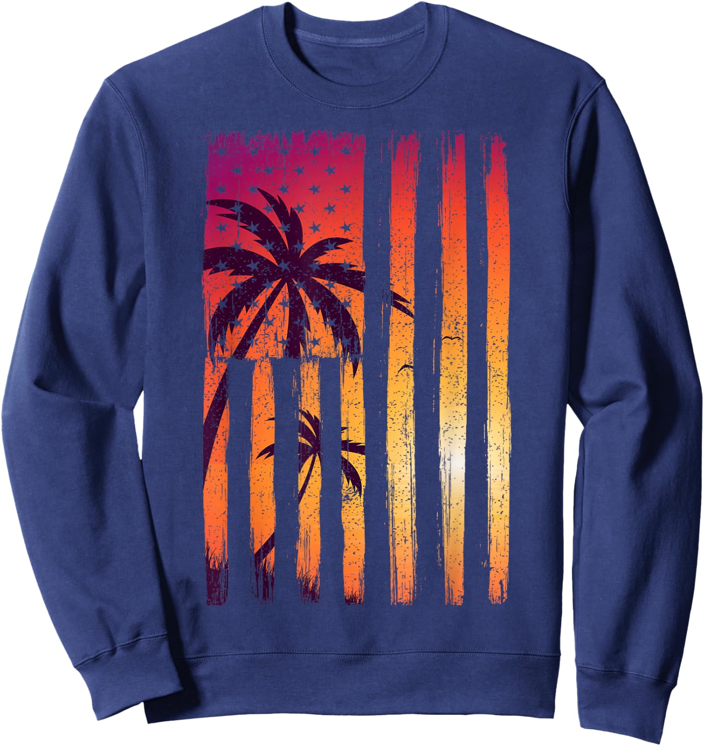 Summer Sunset Palm Trees American Flag Cool Spring Beach Sweatshirt - Sweatshirt | Navy