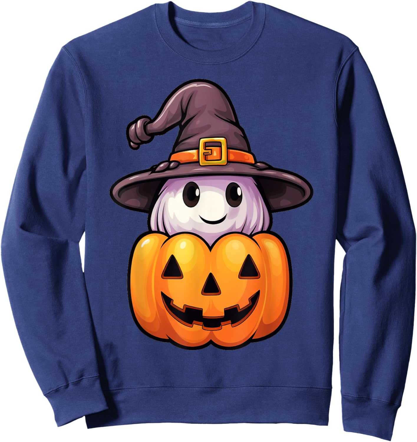 Ghost with Witch Hat on a Halloween Pumpkin Jack O Lantern Sweatshirt - Sweatshirt | Navy