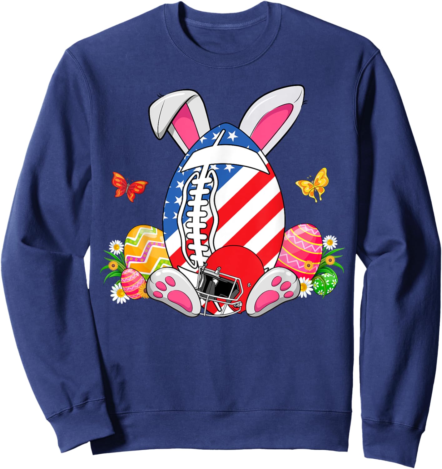Football Ball With Helmet USA Flag & Bunny Ears Easter Day Women Kids Men Sweatshirt - Sweatshirt | Navy