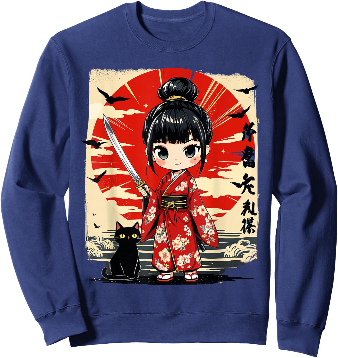 Cute Kawaii Samurai Girl and Cat Japanese Anime Kids Girls Sweatshirt - Sweatshirt | Navy