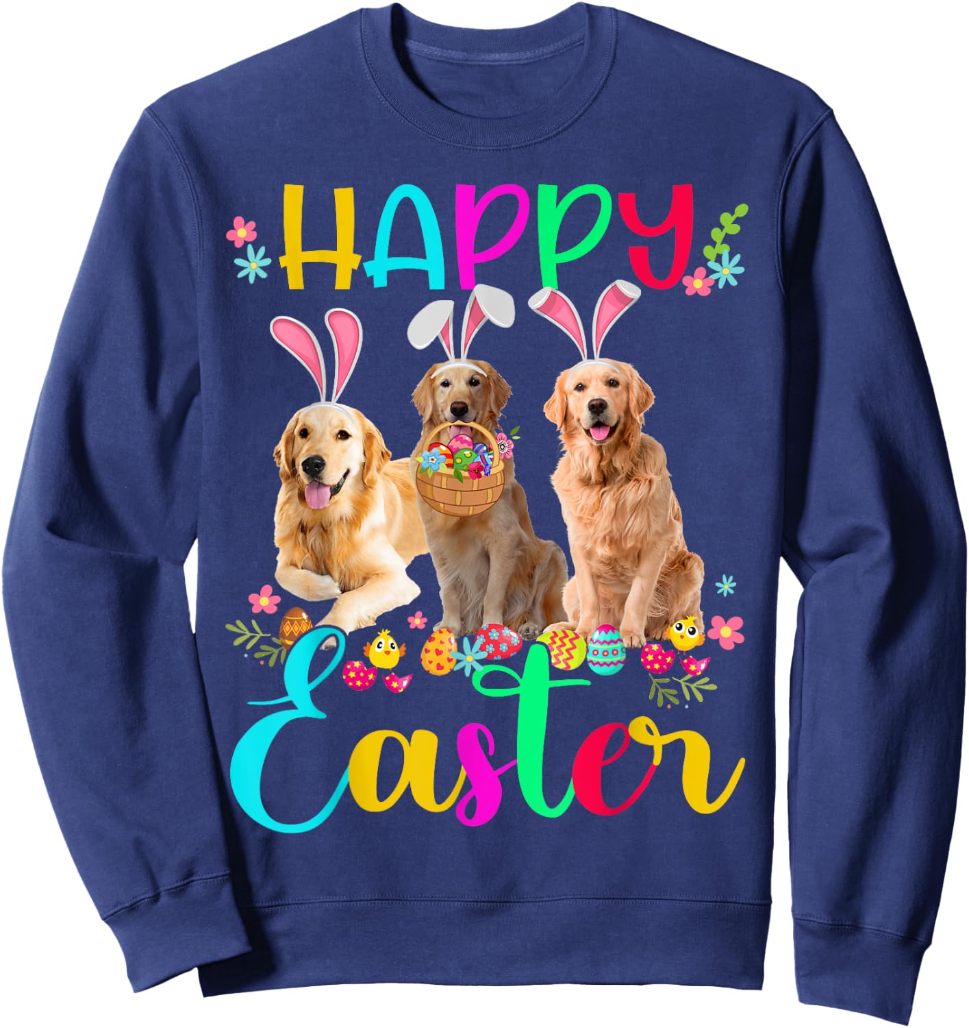 Happy Easter Three Golden Retriever Wearing Bunny Ear Gifts Sweatshirt - Sweatshirt | Navy