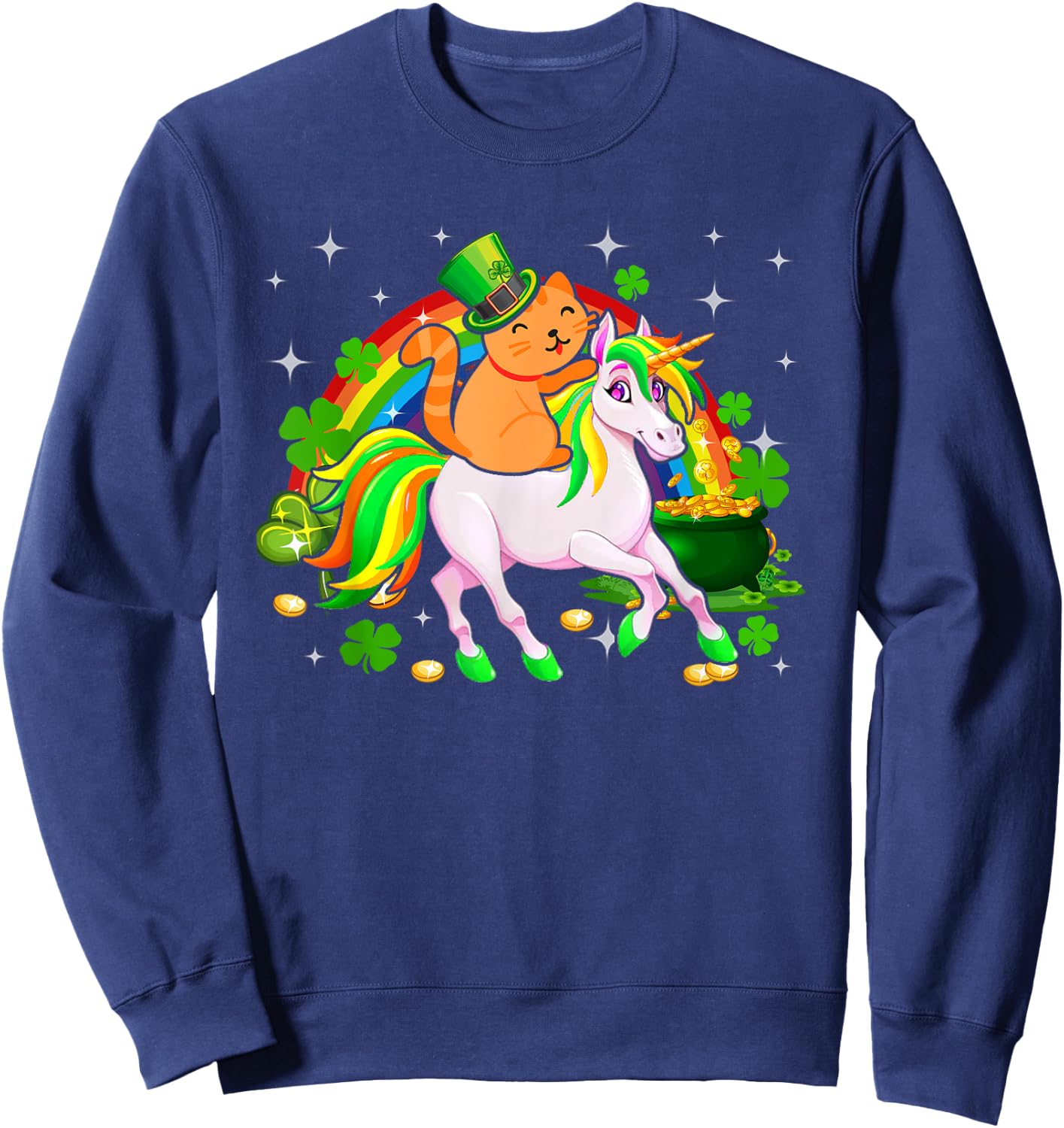 Leprechaun Cat Riding Unicorn Happy St Patrick's Day Gifts Women Kids Sweatshirt - Sweatshirt | Navy