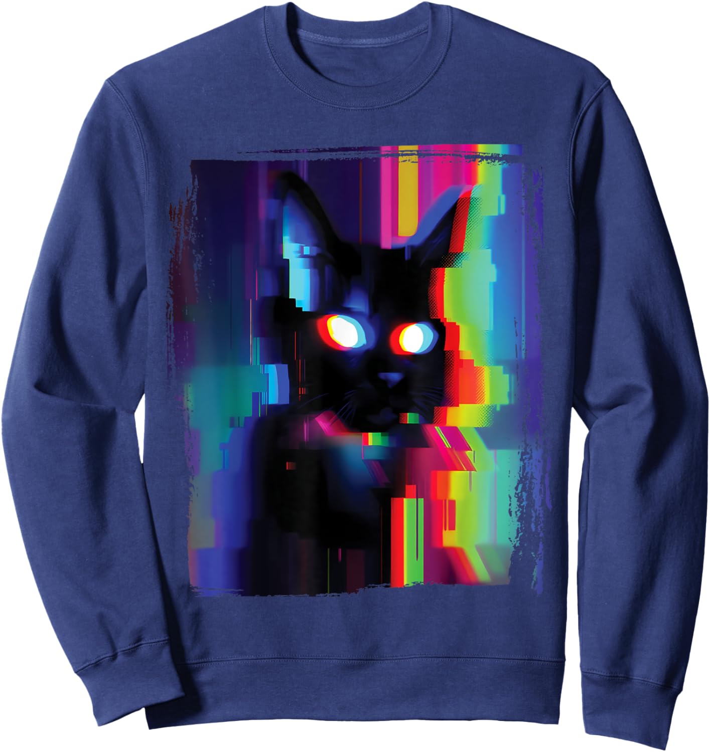 Glitch Psychedelic Weirdcore Cat Vaporwave Trippy Women Sweatshirt - Sweatshirt | Navy