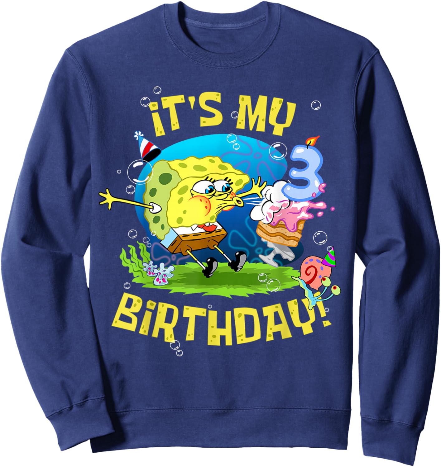 Spongebob It's My 3rd Birthday Cake Three Years Spongebob Sweatshirt - Sweatshirt | Navy