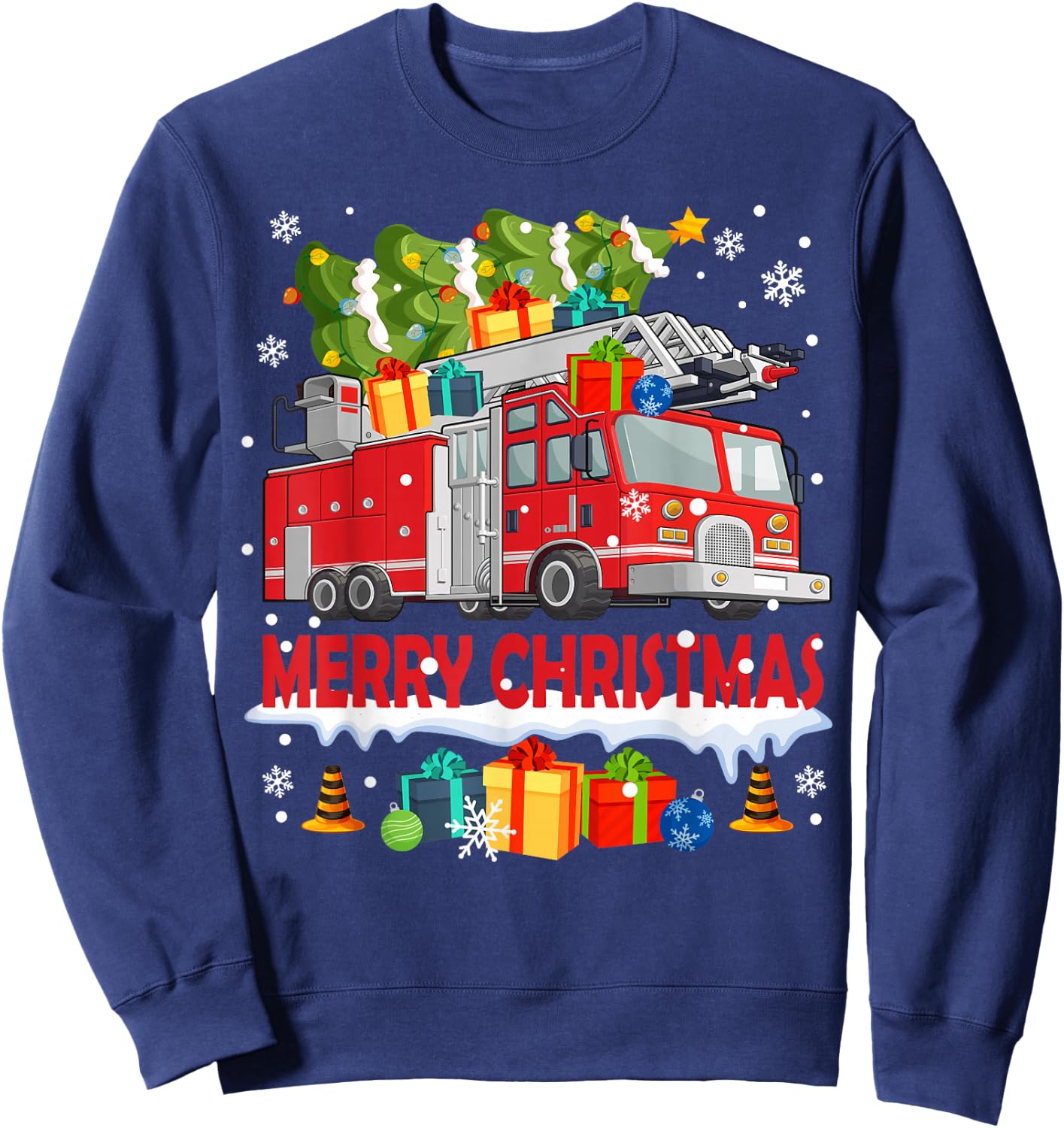 Funny Fire Truck & Christmas Tree Firefighter Xmas Pajamas Sweatshirt - Sweatshirt | Navy