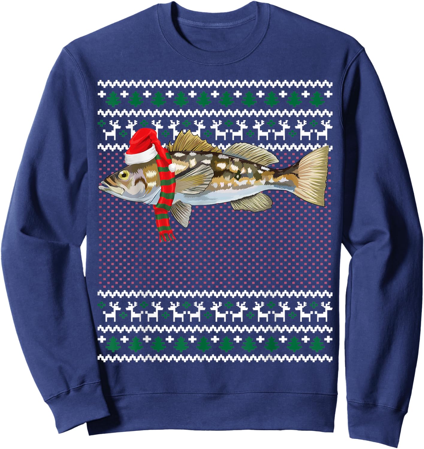 Funny Xmas Santa Hat Calico Bass Ugly Christmas Sweatshirt - Sweatshirt | Navy
