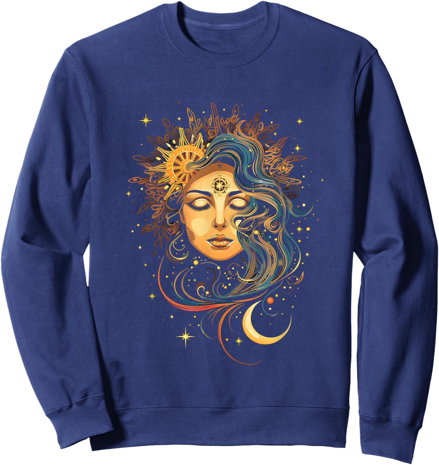 Mystic Sun and Moon Woman Mystical Flowers Aesthetic Sweatshirt - Sweatshirt | Navy